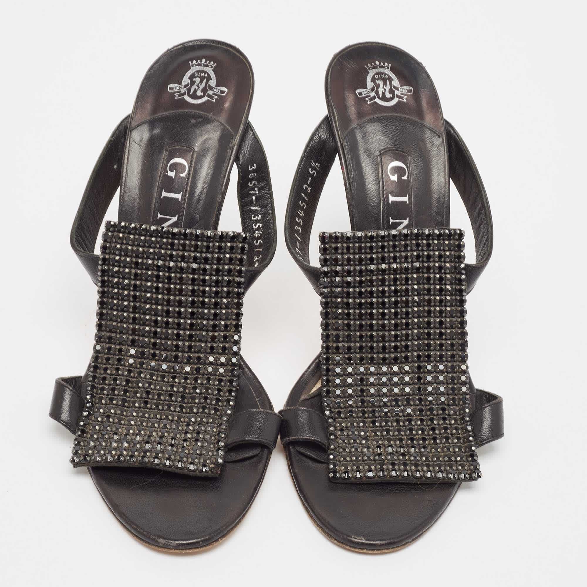 Gina Black Leather Crystal Embellished Slide Sandals