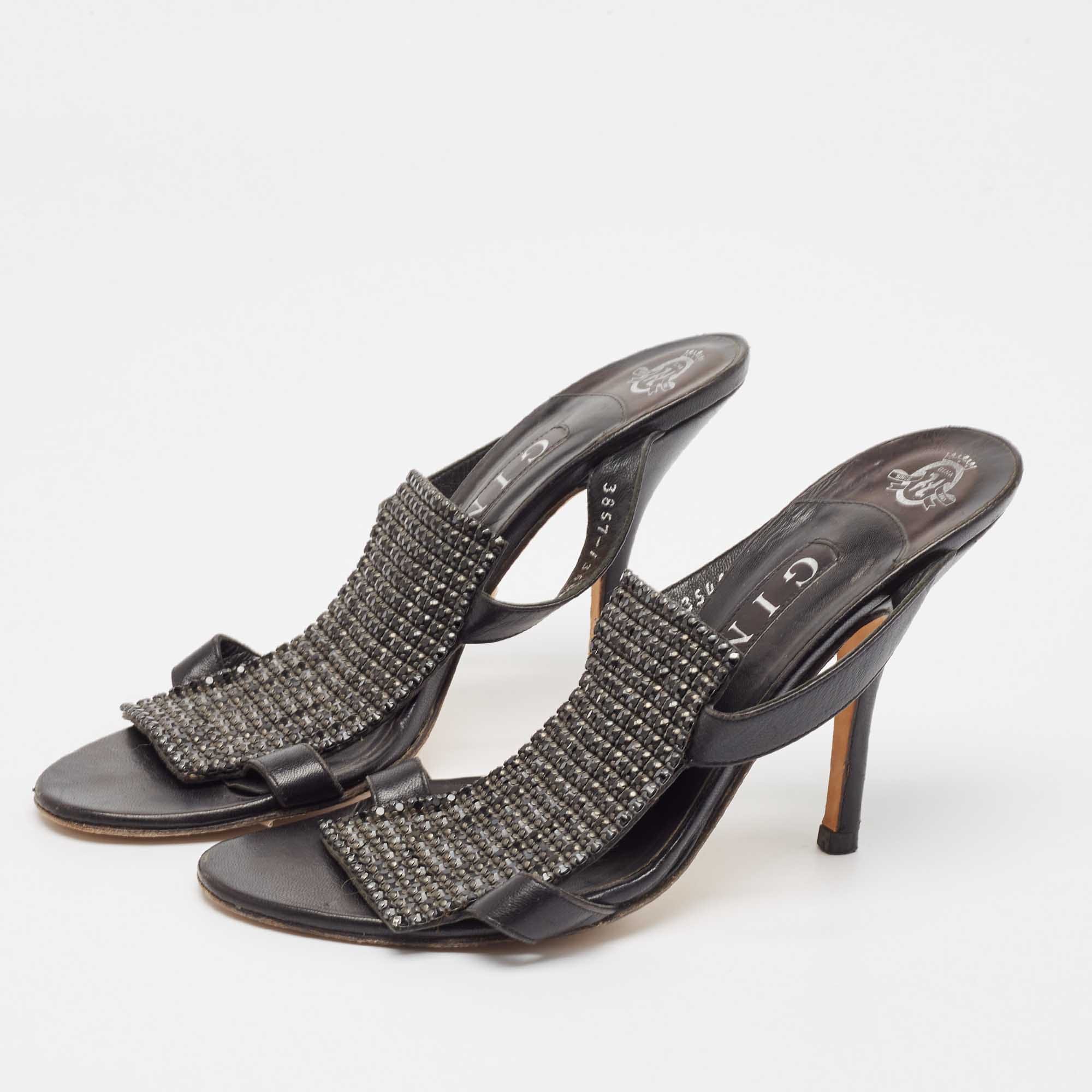 Gina Black Leather Crystal Embellished Slide Sandals