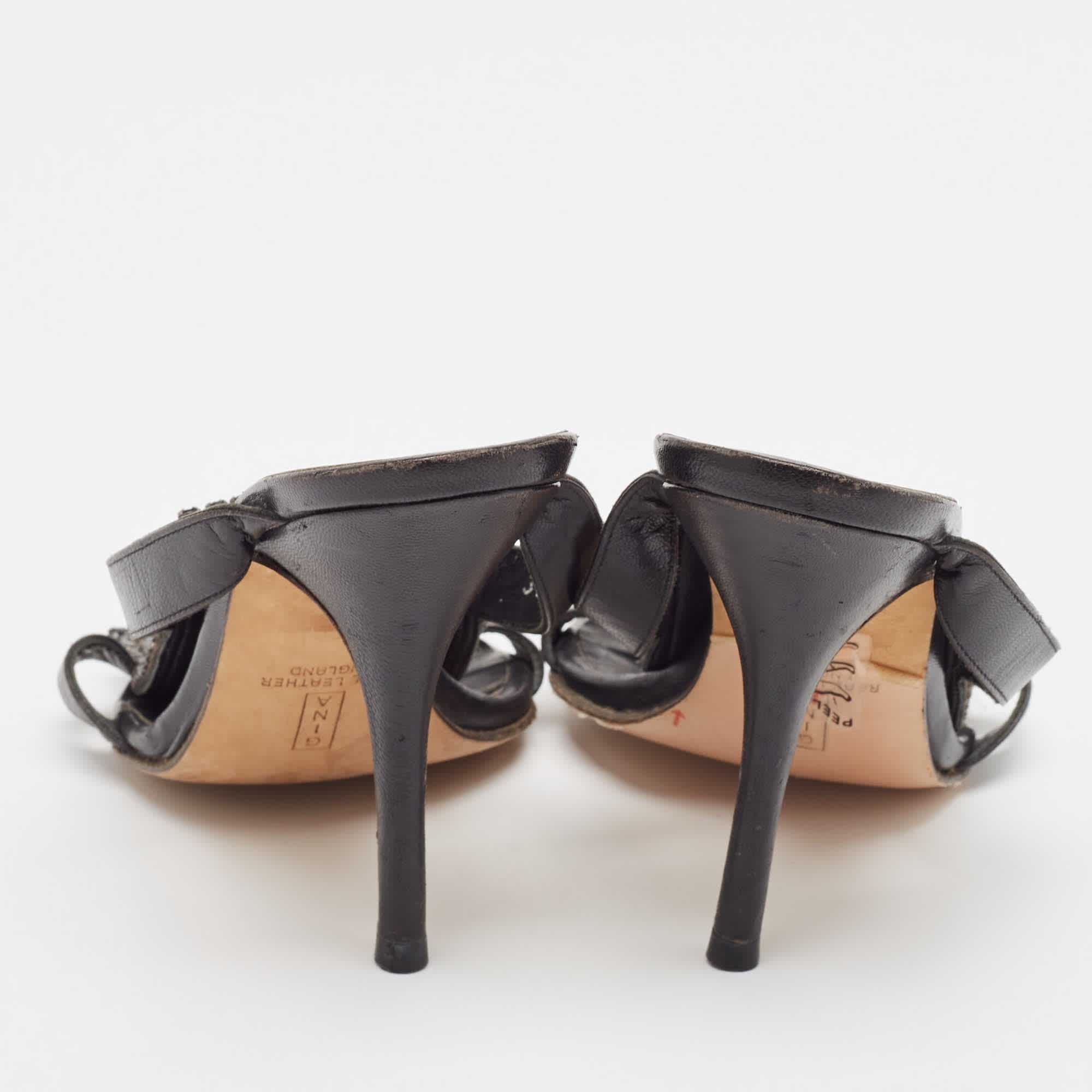 Gina Black Leather Crystal Embellished Slide Sandals