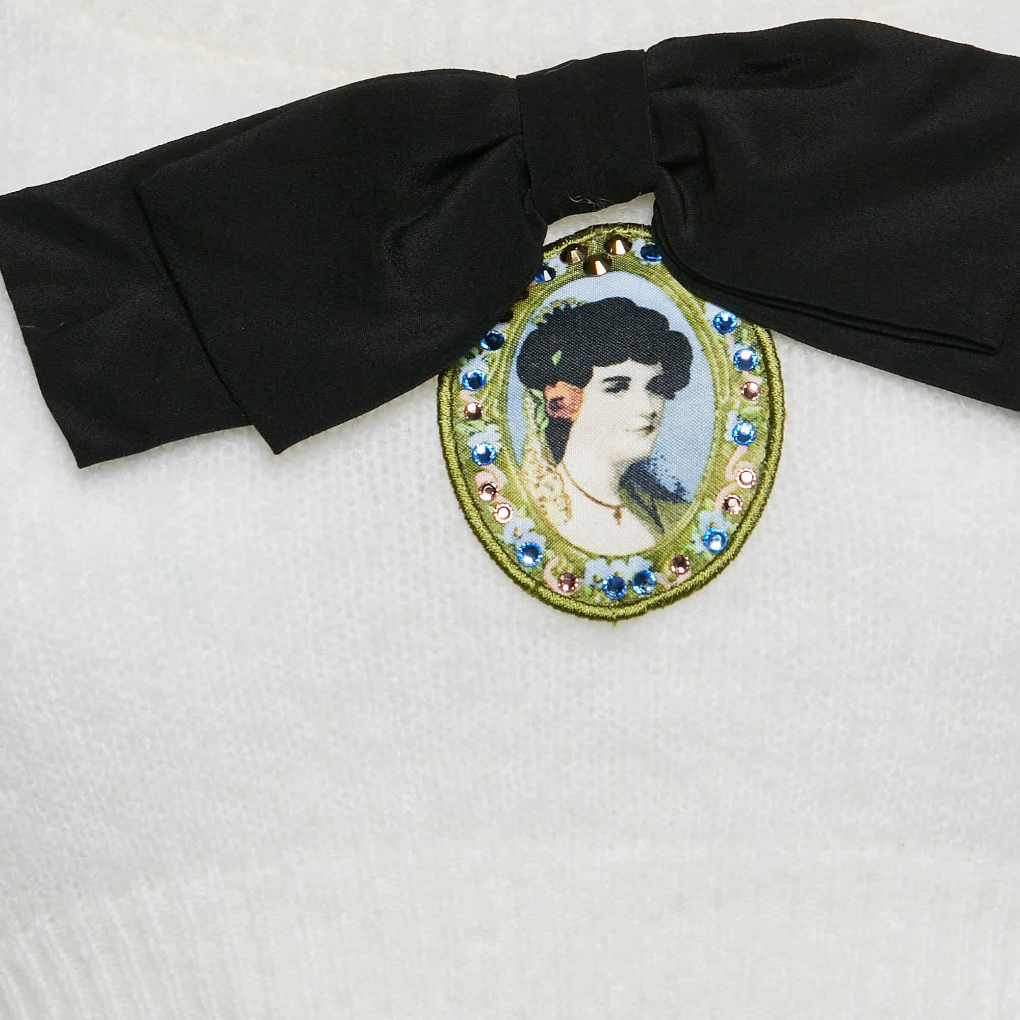 Alessandra Rich White Brushed Knit Portrait Cameo Appliqué Crop Top