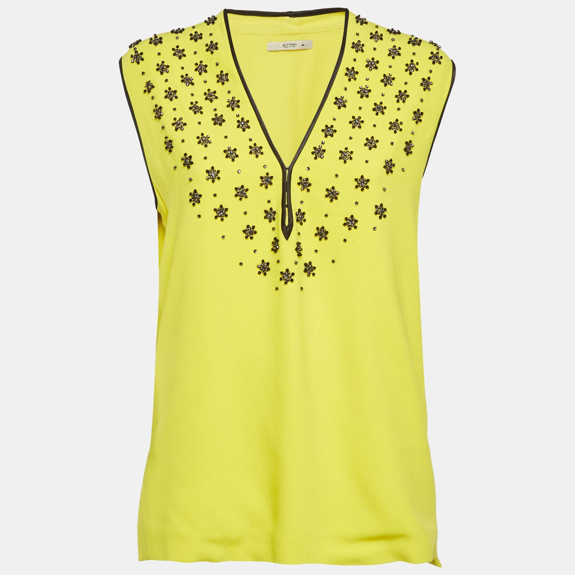 Yellow Etro Yellow Embellished Crepe Sleeveless Top