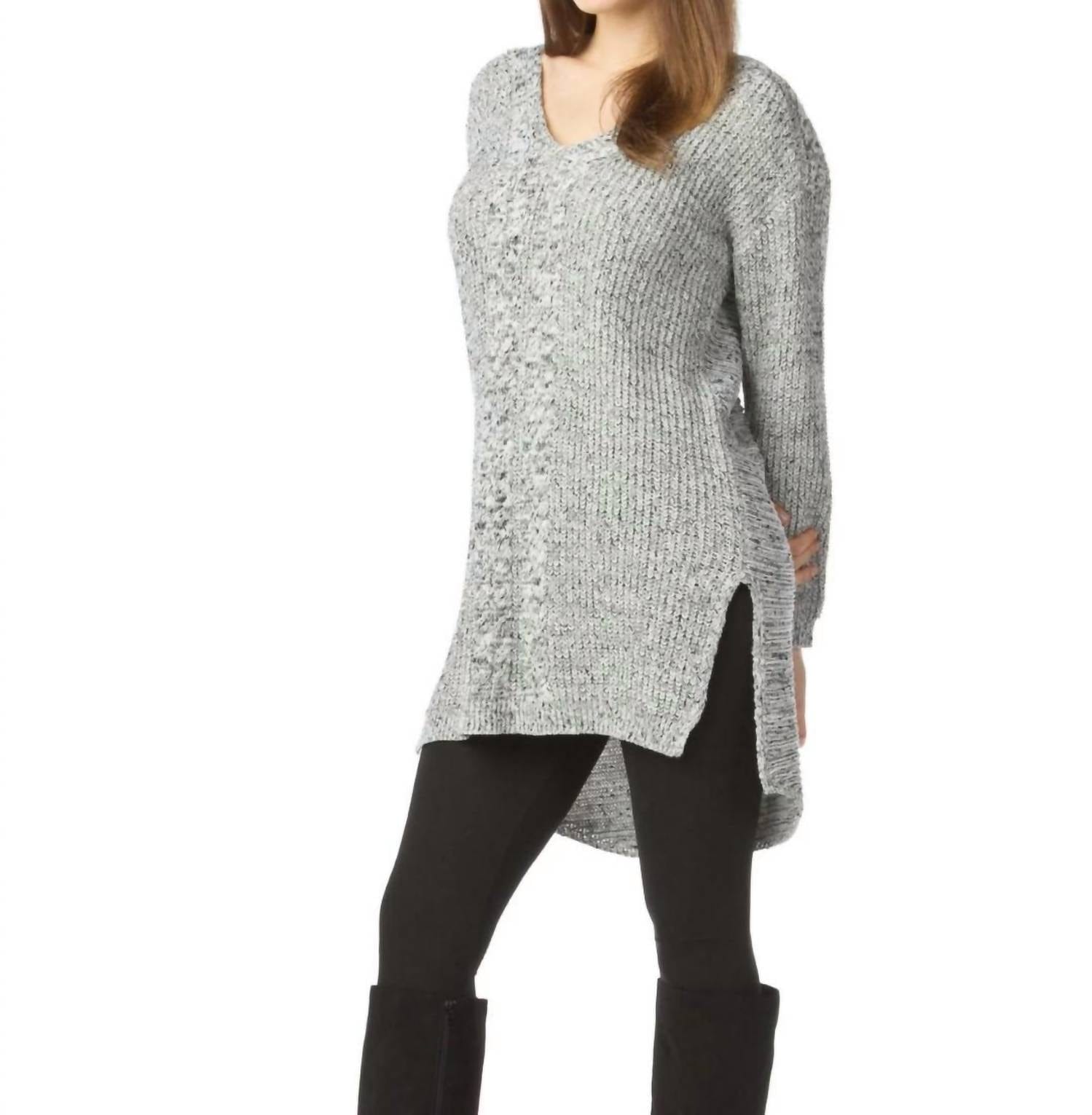 Knit Step Hem Sweater With Cable Knit Design In Grey