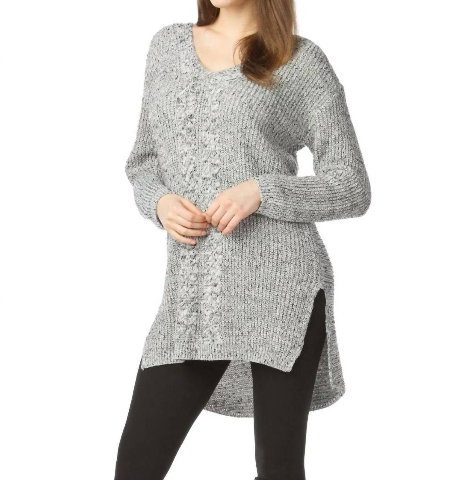 Knit Step Hem Sweater With Cable Knit Design In Grey