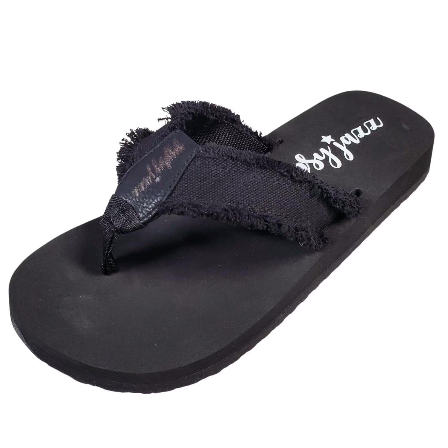 Fashion Women's Encore Frayed Top Fashion Flip Flop Sandal In Black