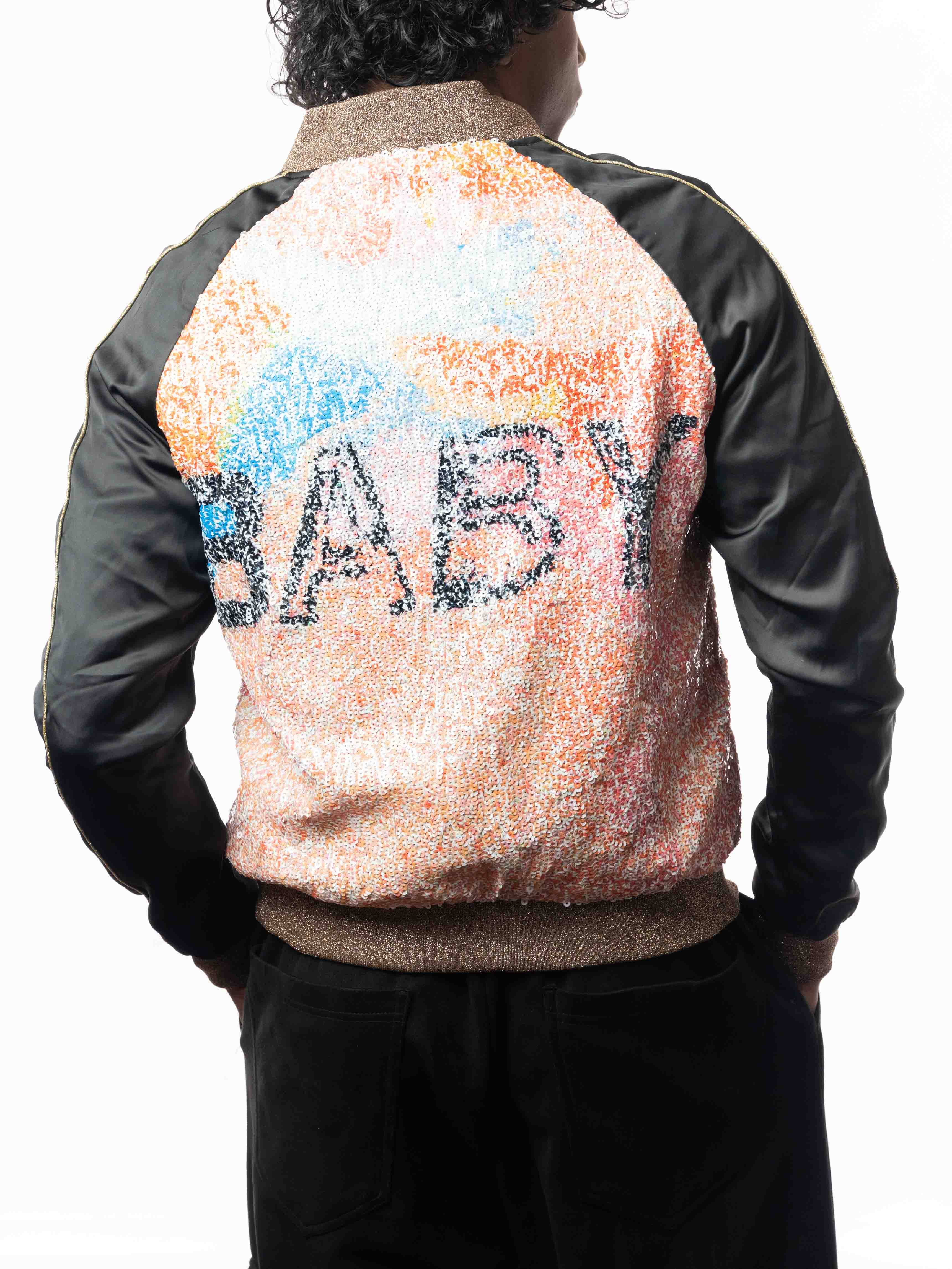 YSL Yves Saint Laurent Black Sequins Baby Bomber Jacket (M)