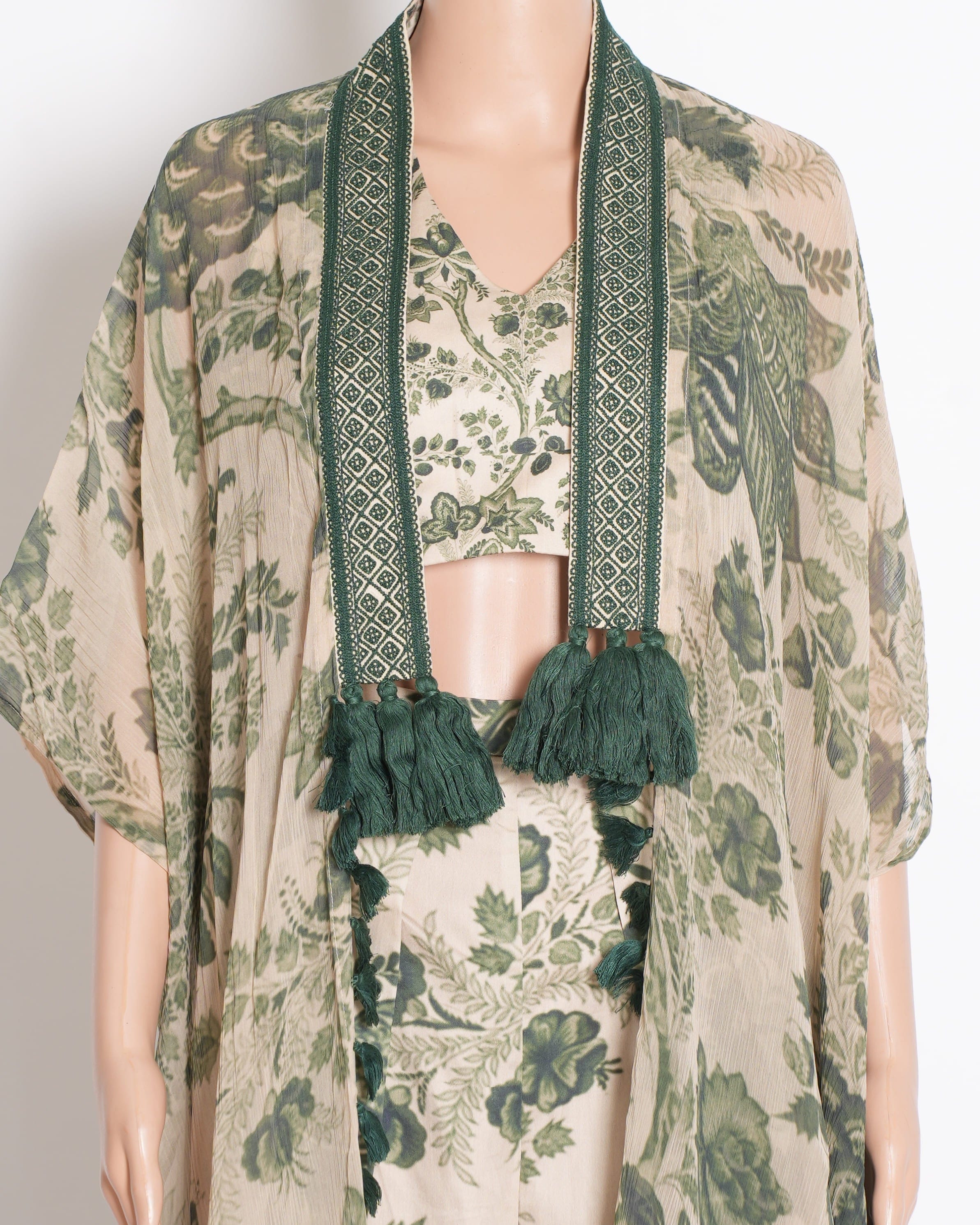 Pooja Keyur Chiffon Bustier V - Neck with Open Jacket & Pants (3 - Piece Set)