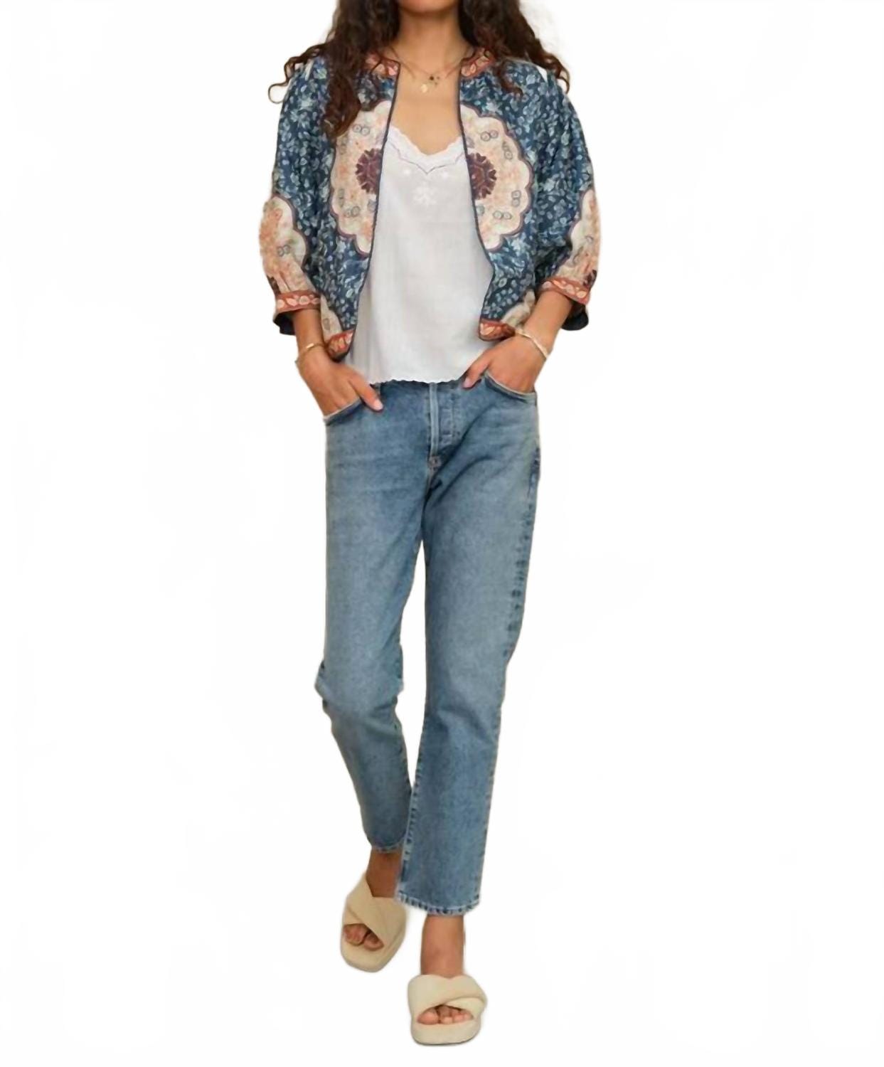 Ecru Ursa Print & Embroidered Jacket In Indigo/ecru