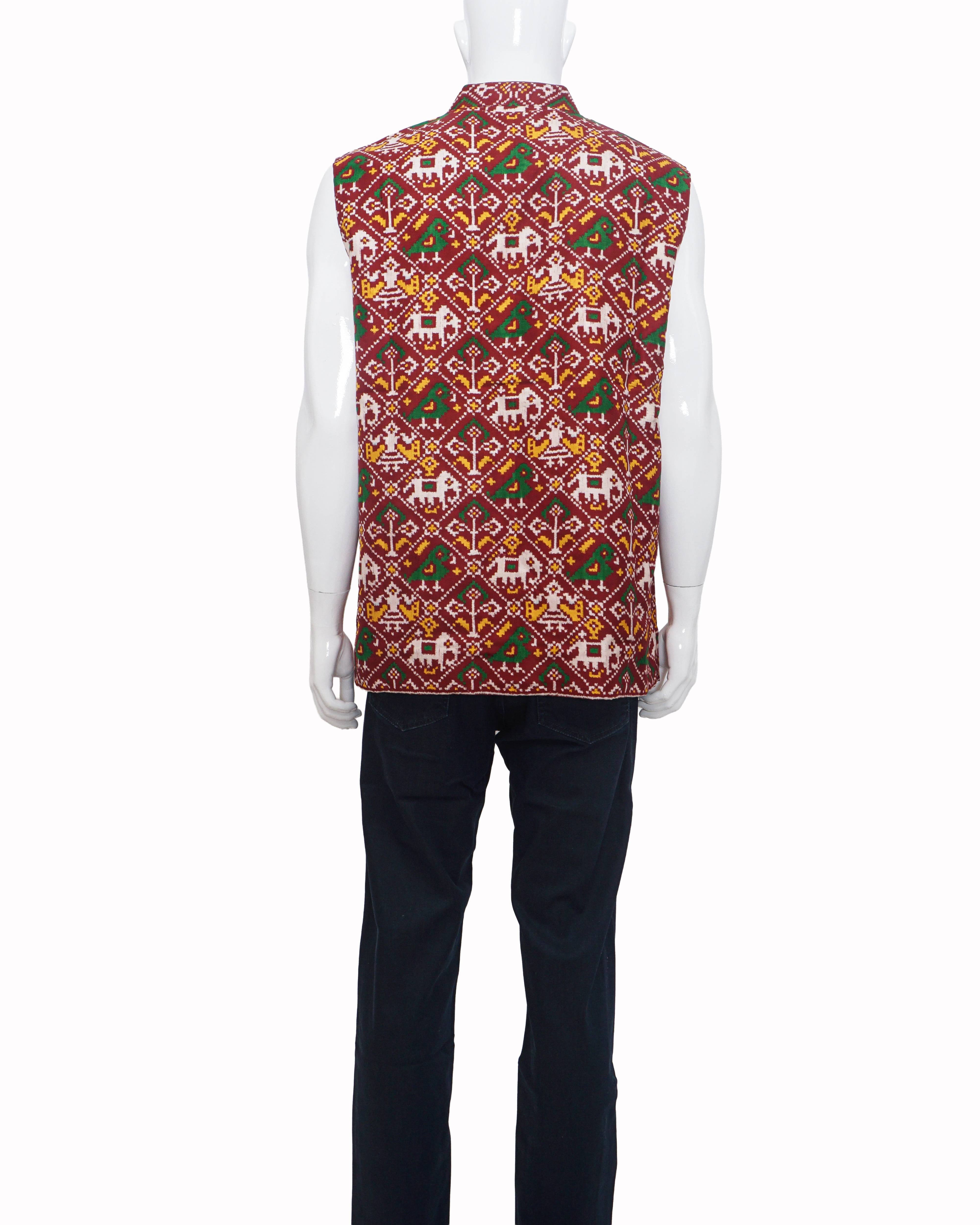 Gaurang Patan Patola Silk Red Handloom Men's Bundi Jacket