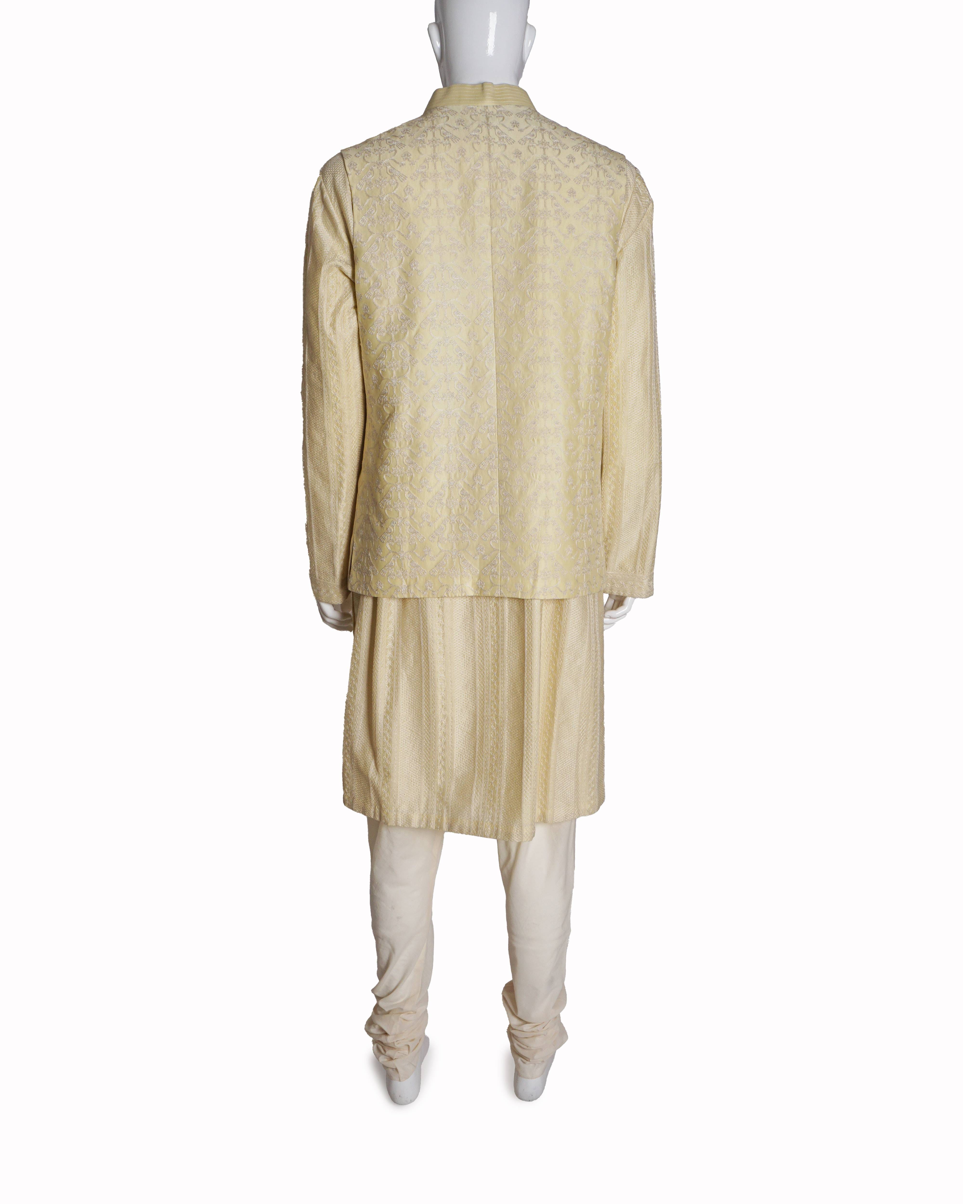 Rohit Bal Pastel Yellow Embroidered Kurta Set with Bundi Jacket