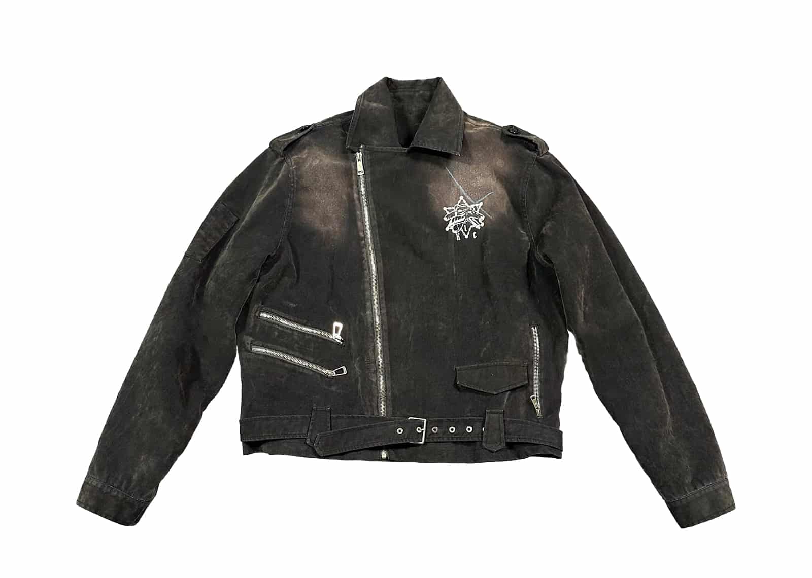 KLICK CLAK Washed Distressed Flocked Collar Motorcycle Jacket Black