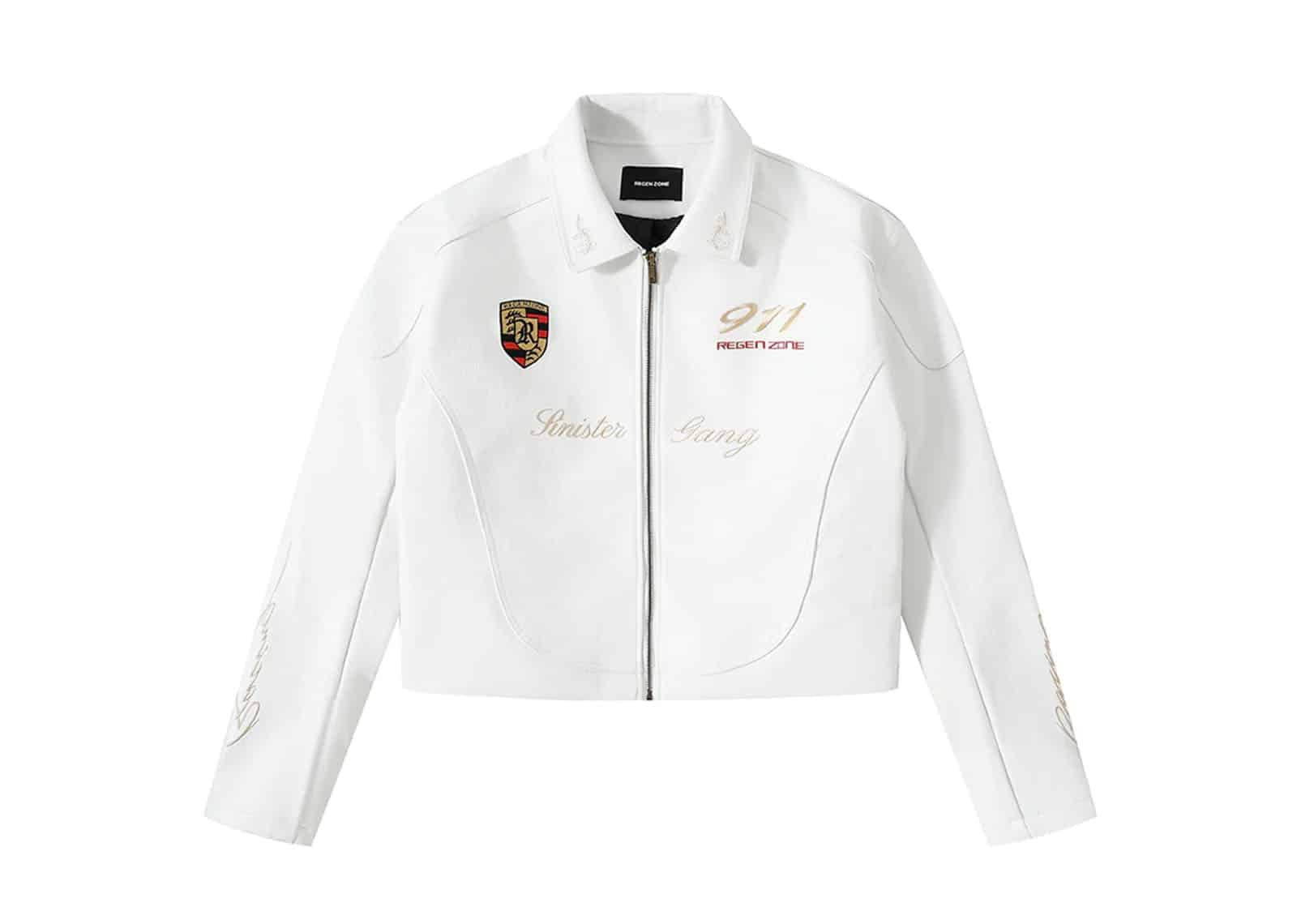 REGEN ZONE SPUR Racing Embroidered Motor Leather Jacket White