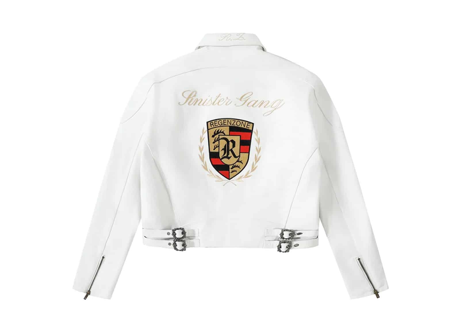 REGEN ZONE SPUR Racing Embroidered Motor Leather Jacket White