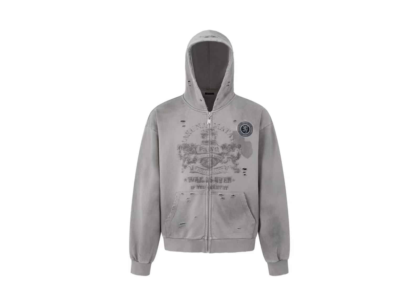 PANQ 2025 The Rose Blooming At The Muzzle Patch Destoryed Zip Hoodie Grey
