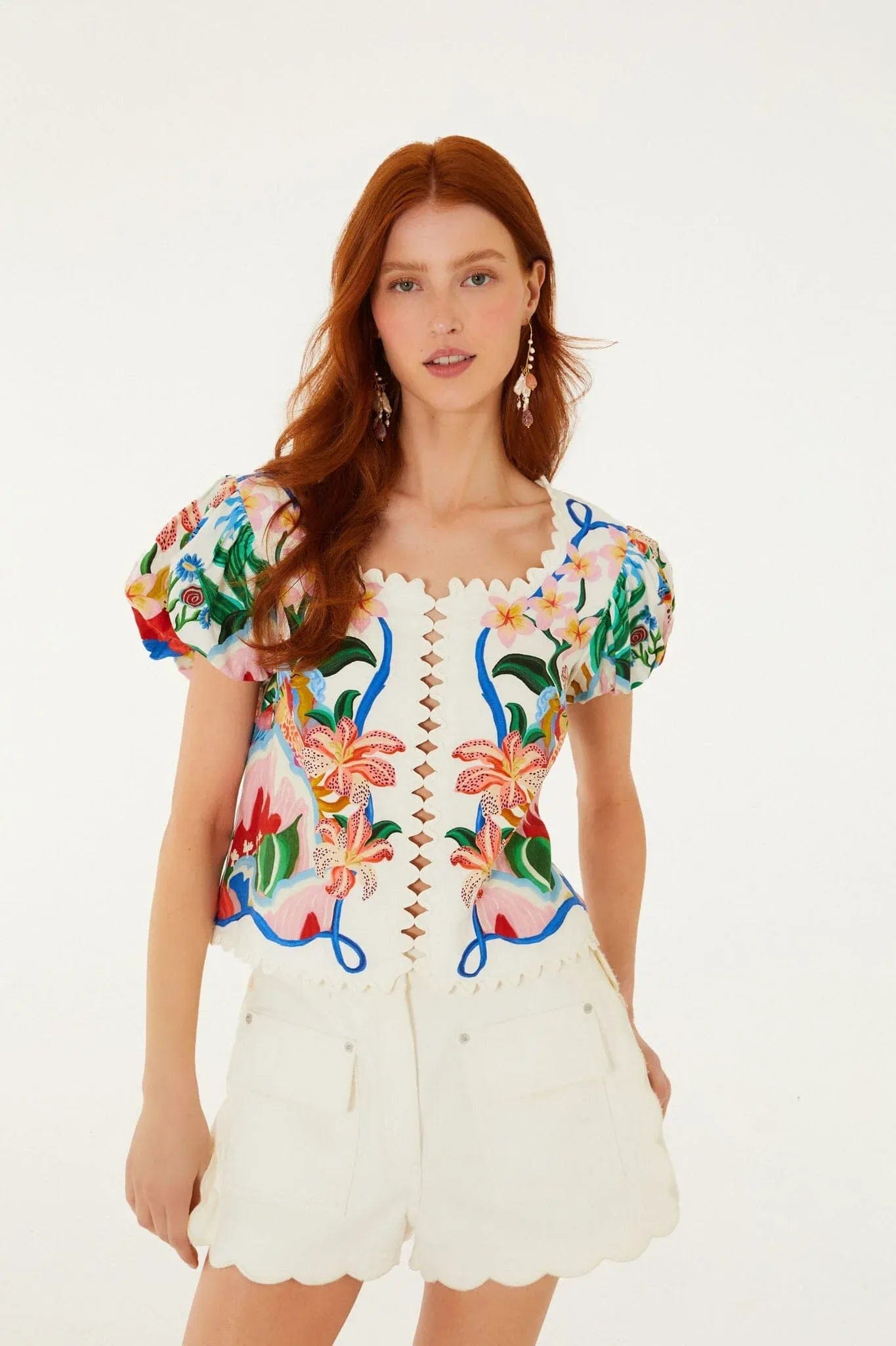 FARM RIO Canvas Scalloped Cotton Shorts in White