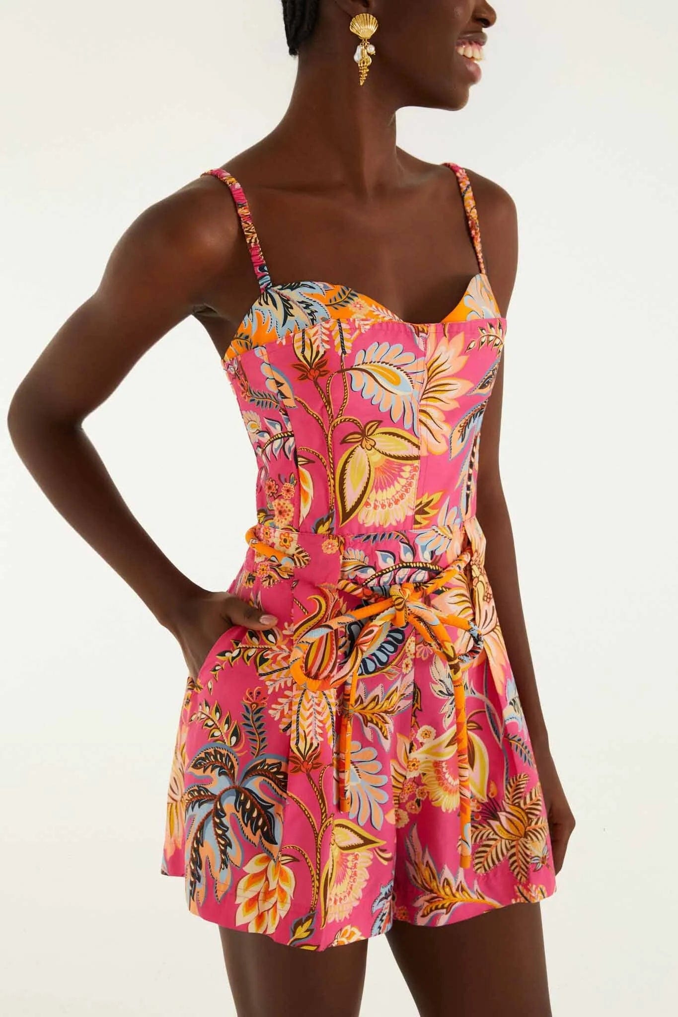 FARM RIO Ligia Floral Sleeveless Cotton Mini Jumpsuit in Pink