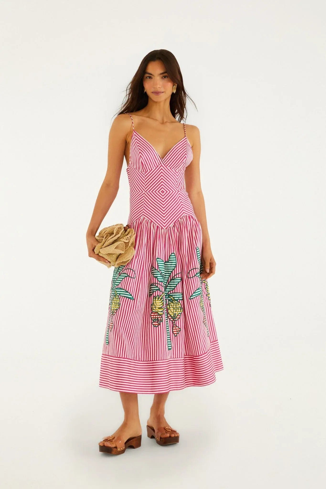 FARM RIO Palm Tree Cutwork Stripes Cotton Sleeveless Midi Dress in Pink