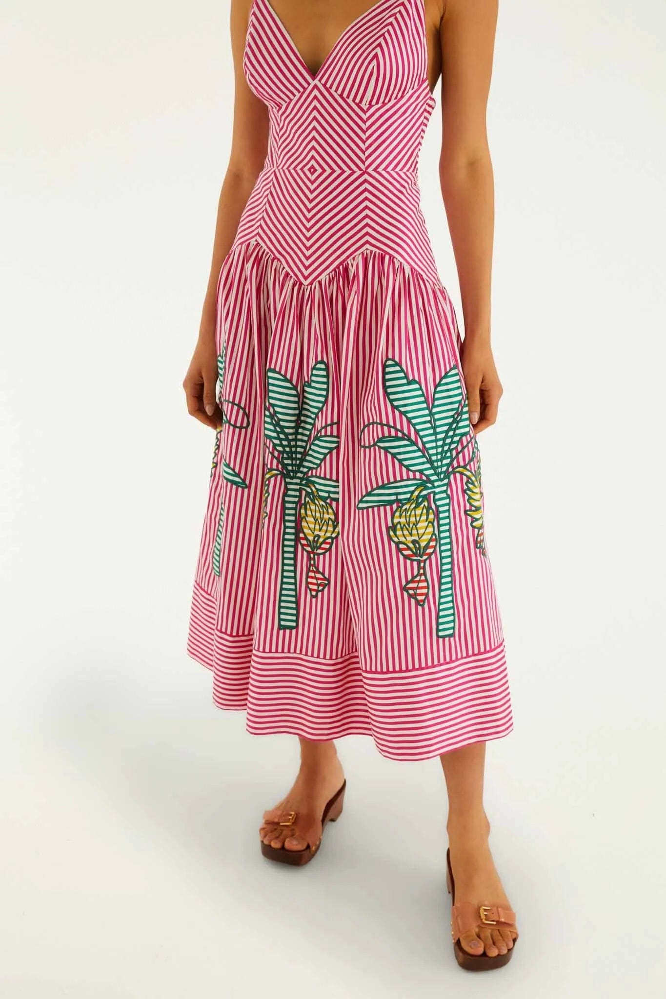 FARM RIO Palm Tree Cutwork Stripes Cotton Sleeveless Midi Dress in Pink
