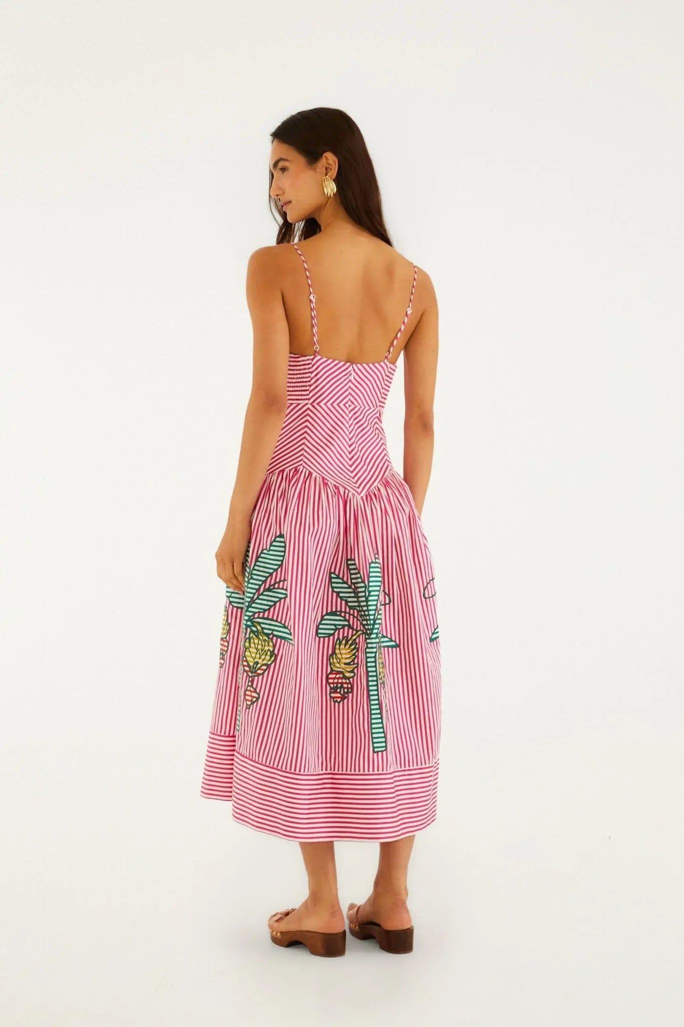 FARM RIO Palm Tree Cutwork Stripes Cotton Sleeveless Midi Dress in Pink