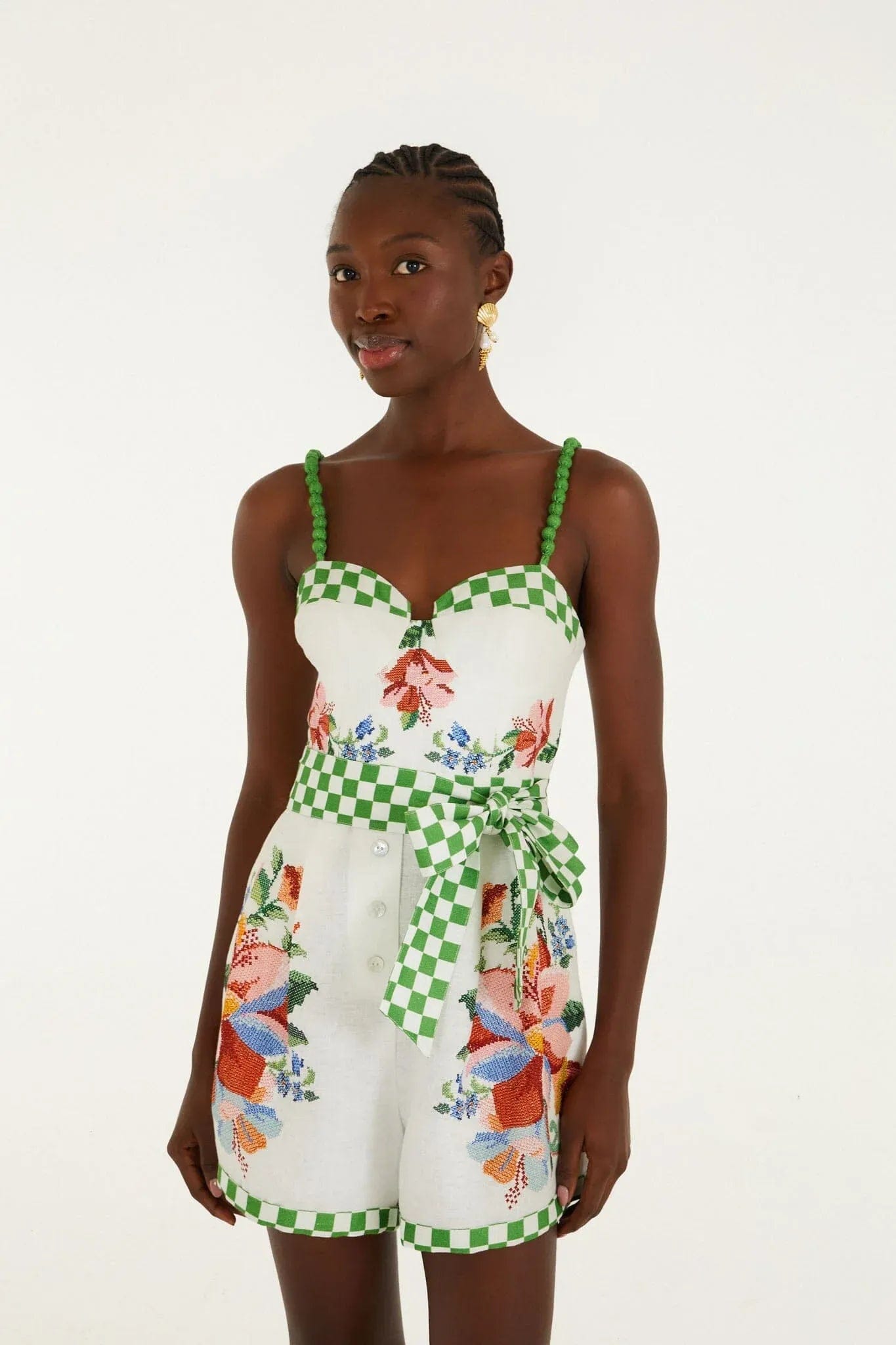 FARM RIO Calm Breeze Floral Linen Sleeveless Mini Jumpsuit in White