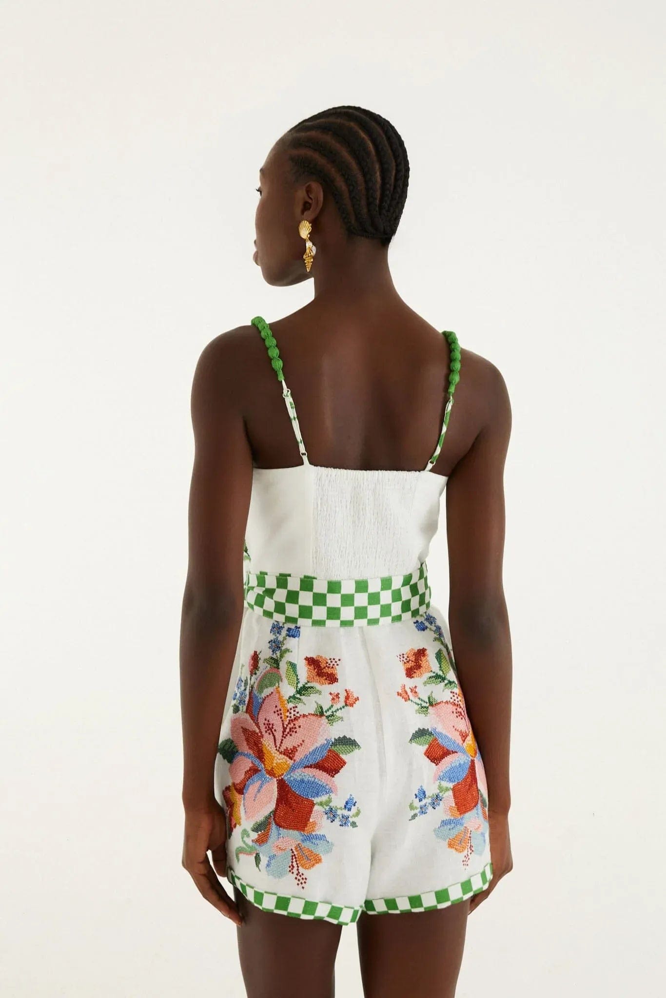 FARM RIO Calm Breeze Floral Linen Sleeveless Mini Jumpsuit in White