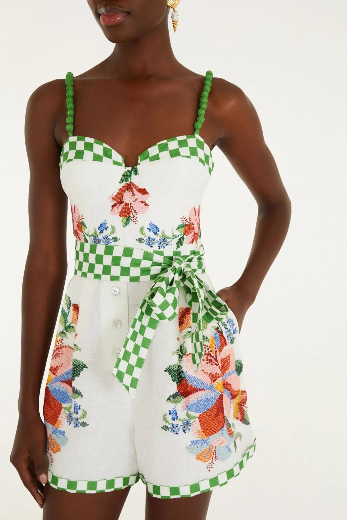 FARM RIO Calm Breeze Floral Linen Sleeveless Mini Jumpsuit in White