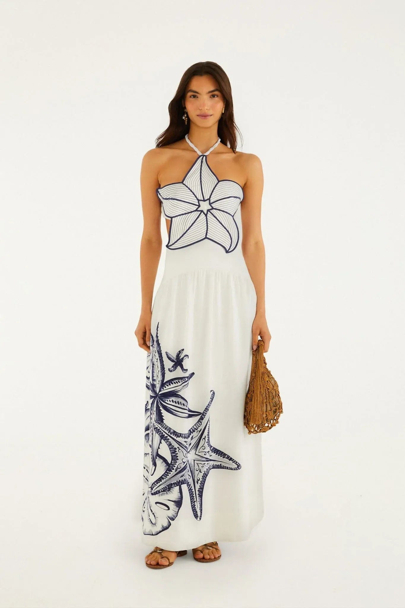 FARM RIO Coast Stars Linen Sleeveless Maxi Dress in White