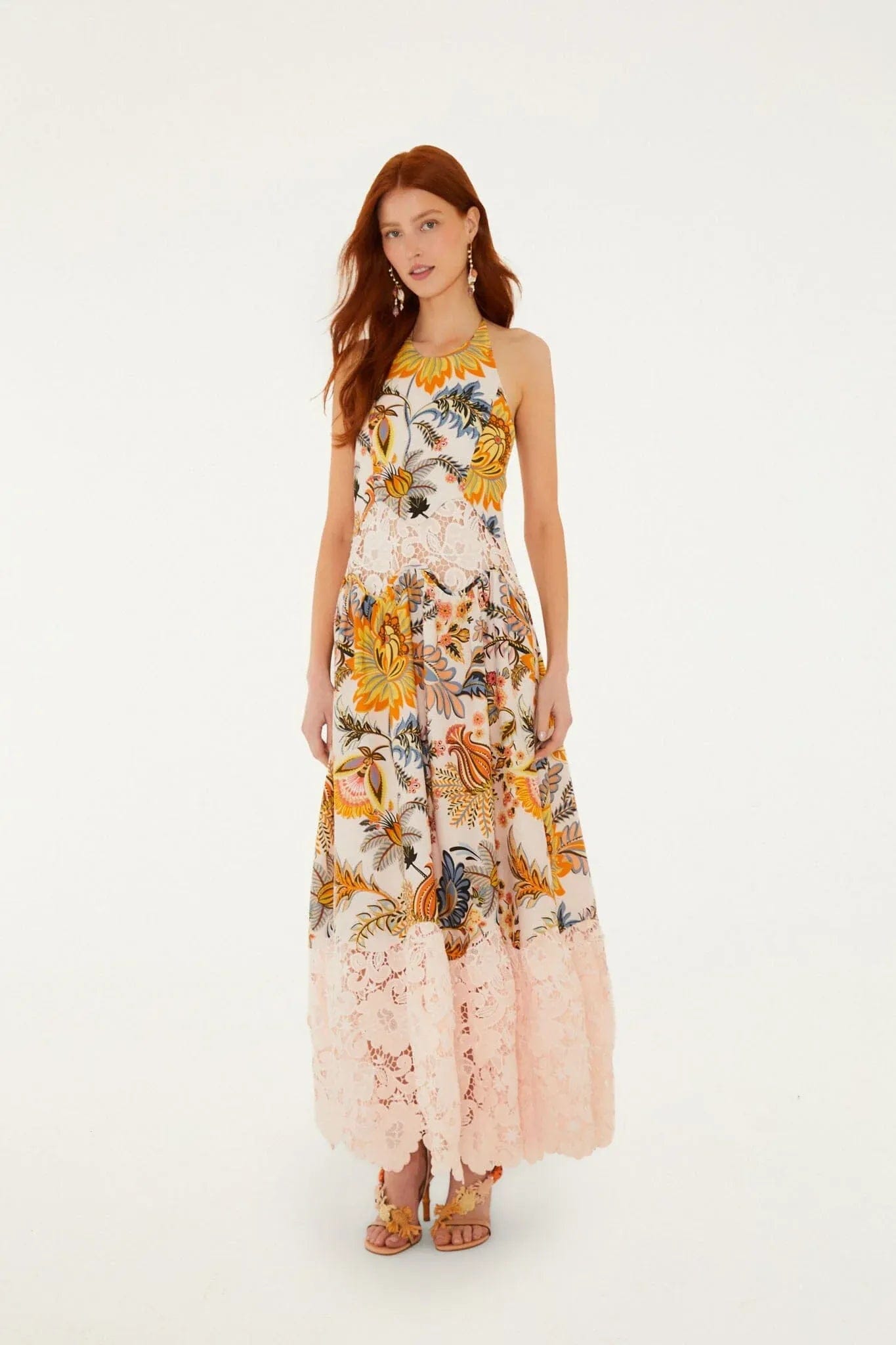FARM RIO Ligia Floral Lace Linen Sleeveless Maxi Dress in Pink