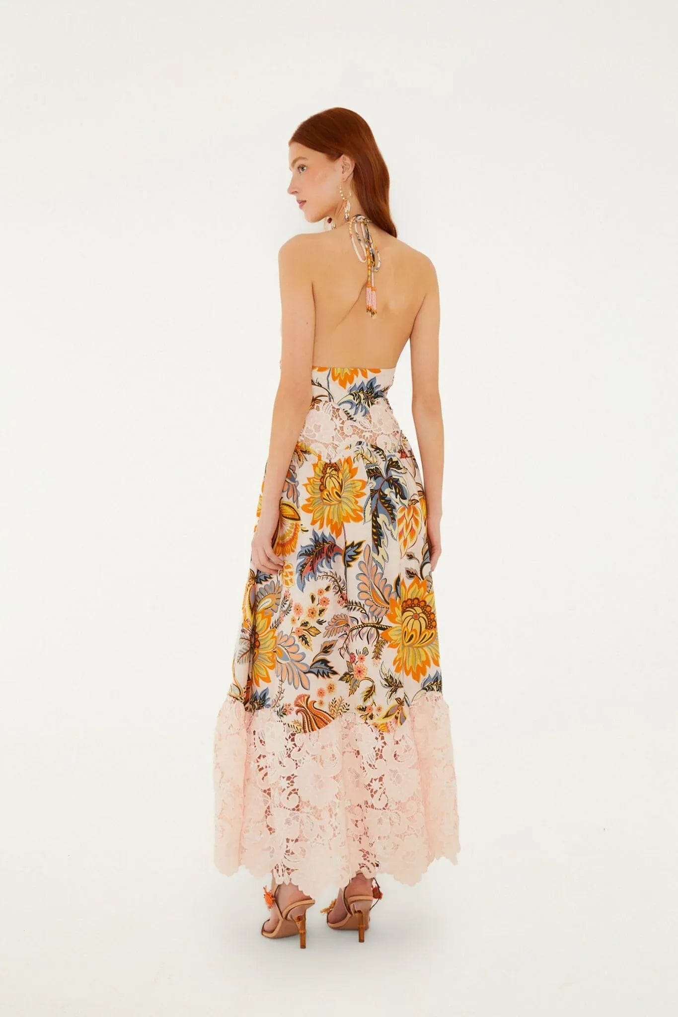 FARM RIO Ligia Floral Lace Linen Sleeveless Maxi Dress in Pink