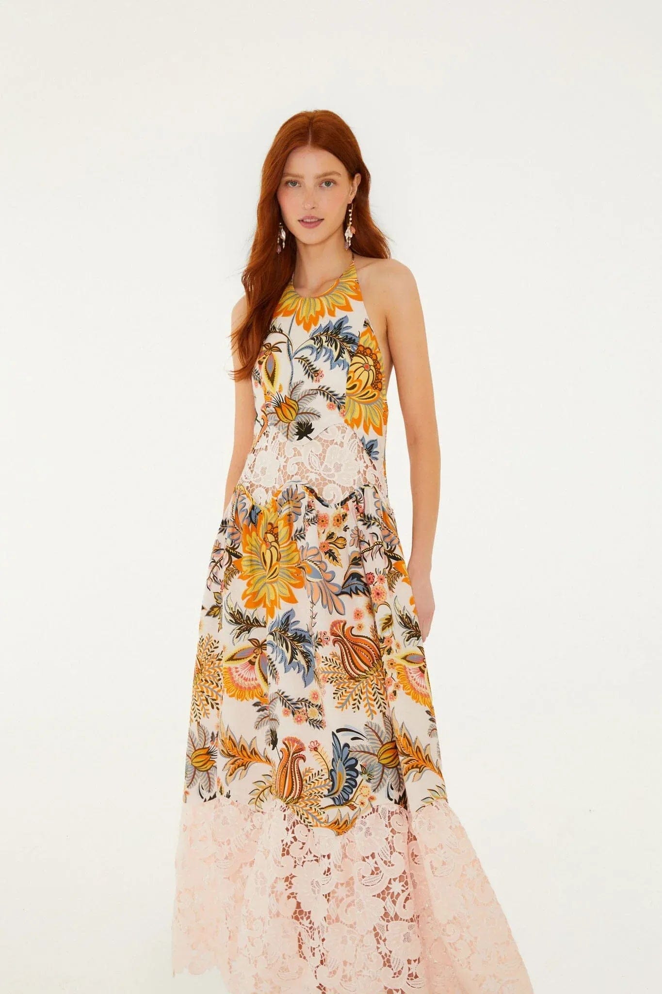 FARM RIO Ligia Floral Lace Linen Sleeveless Maxi Dress in Pink