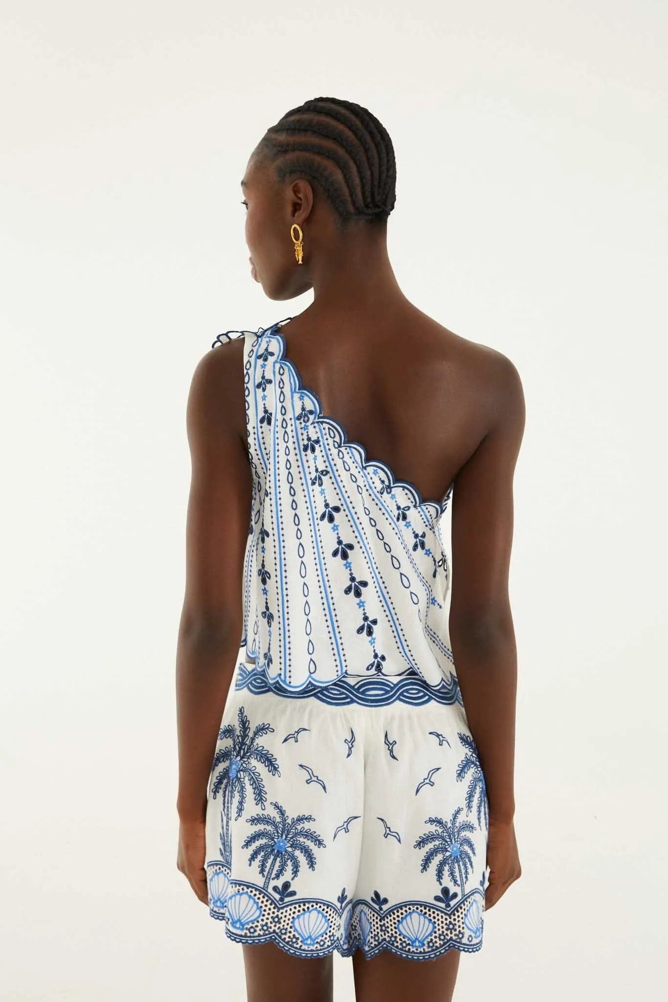 FARM RIO Coast Stars 3D One Shoulder Linen Blouse in White