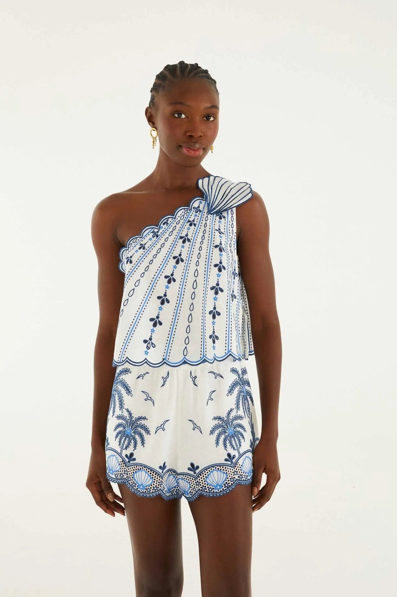 FARM RIO Coast Stars 3D One Shoulder Linen Blouse in White