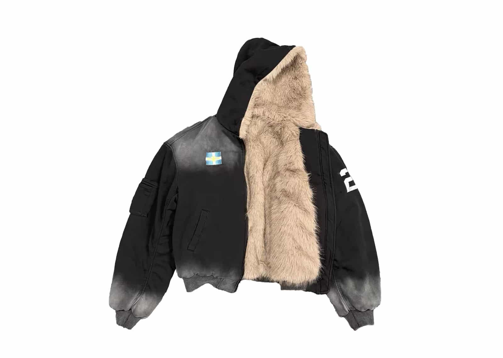 KLICK CLAK 26SS Fur Lined Vintage Wash Hooded Bomber Jacket Black