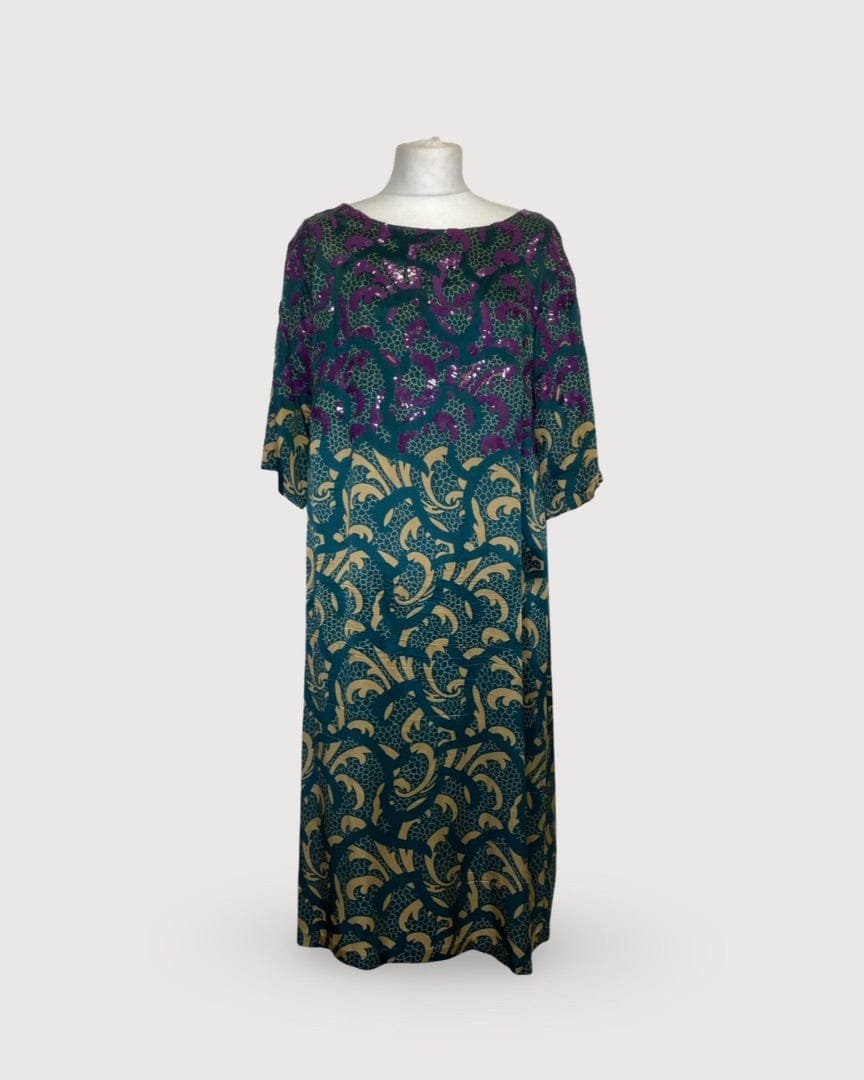 Dries Van Noten Turquoise/ Beige Dries Van Noten Print Sequin Dress, 14