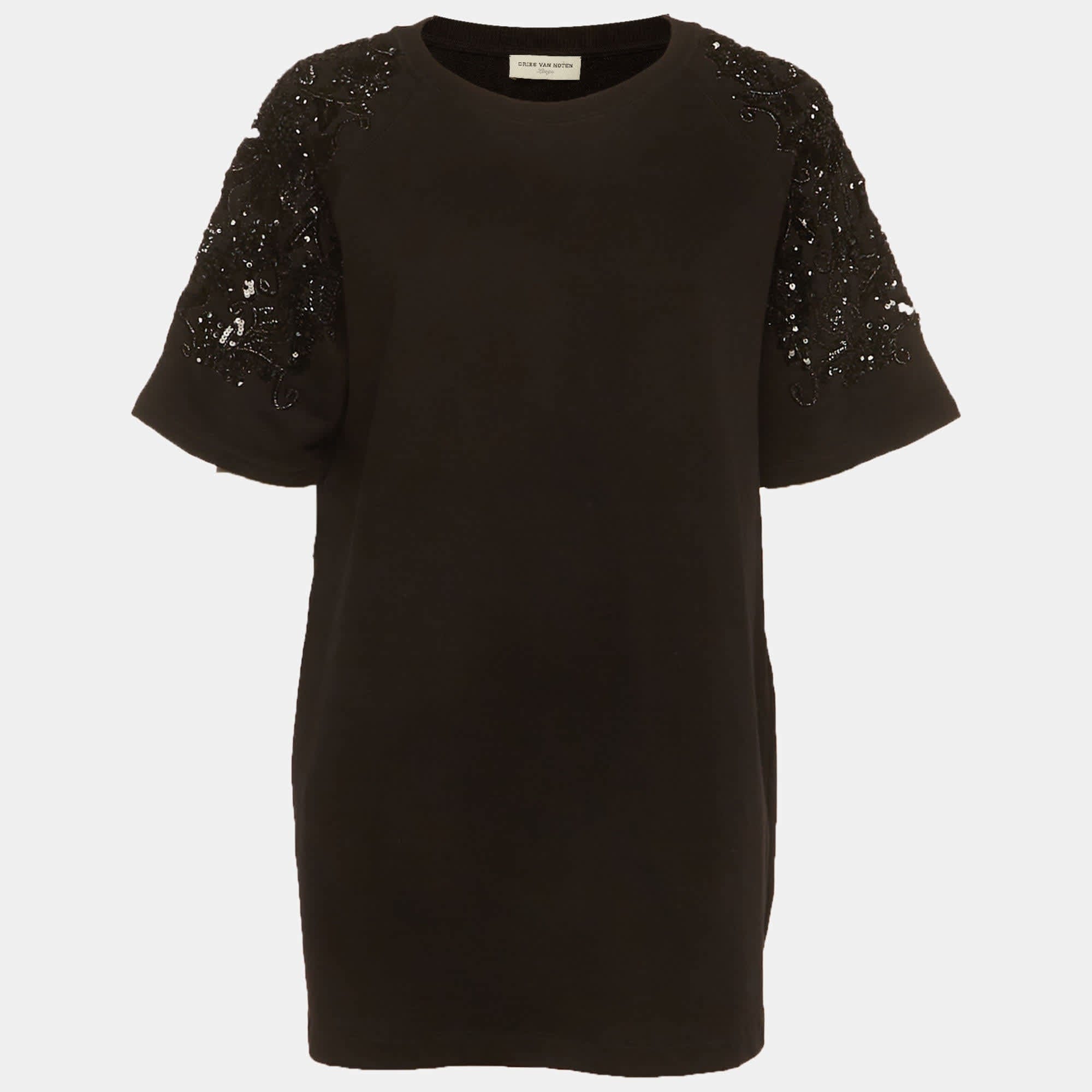 Dries Van Noten Black Sequins Embellished French Terry Knit T - Shirt