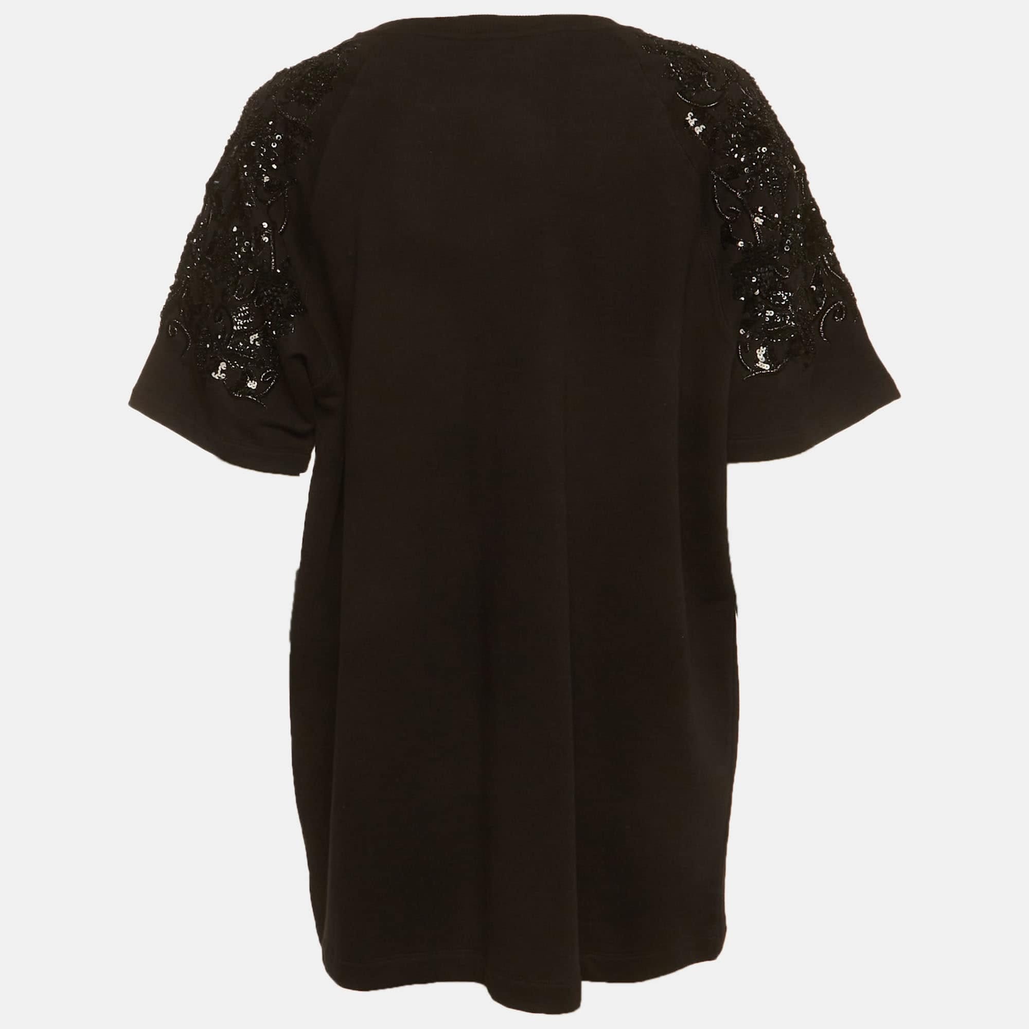 Dries Van Noten Black Sequins Embellished French Terry Knit T - Shirt