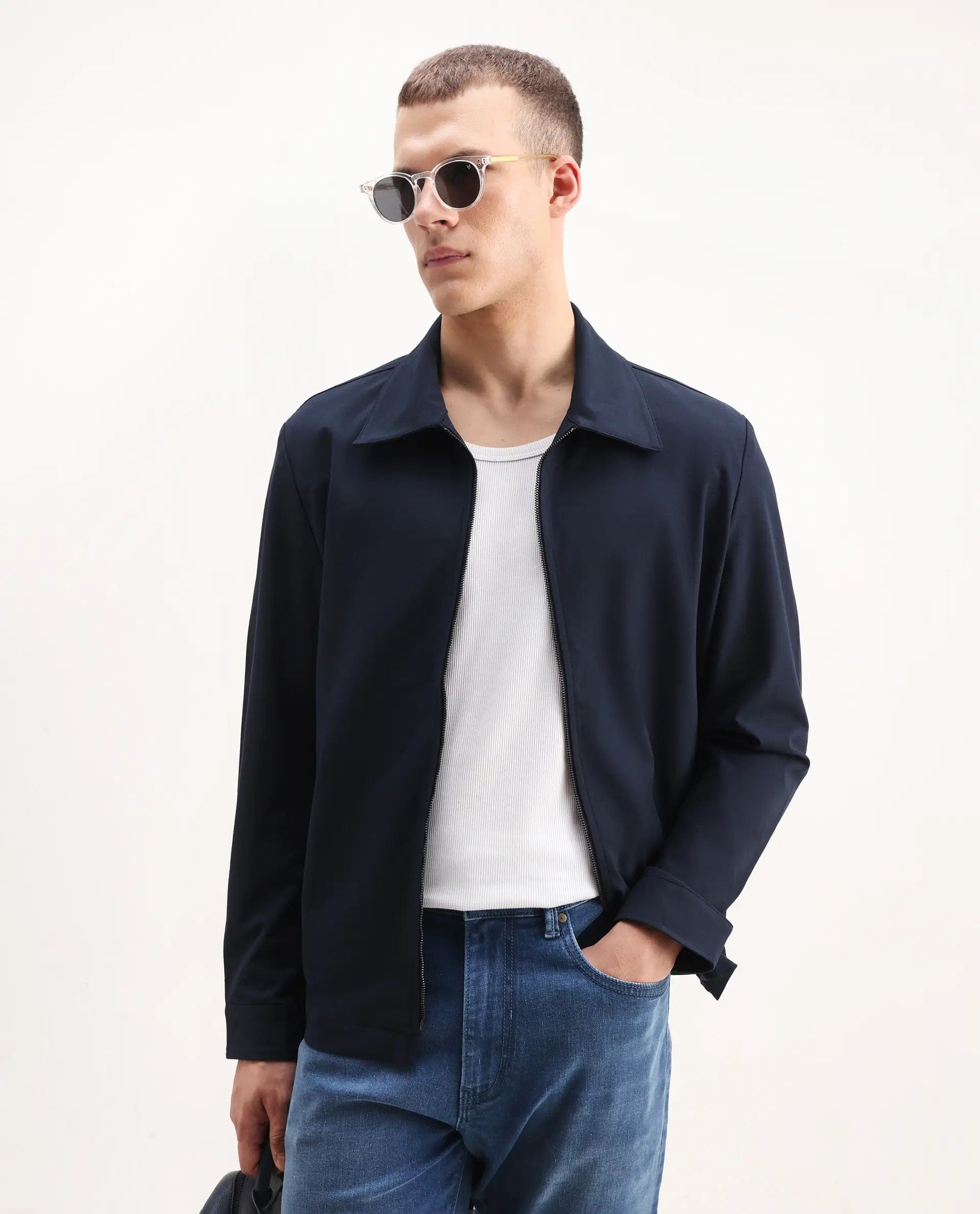 RARE Rabbit Men's Juan - 25 Dark Navy Polyester Blend Plain Regular Fit Full Sleeve Collared Jacket