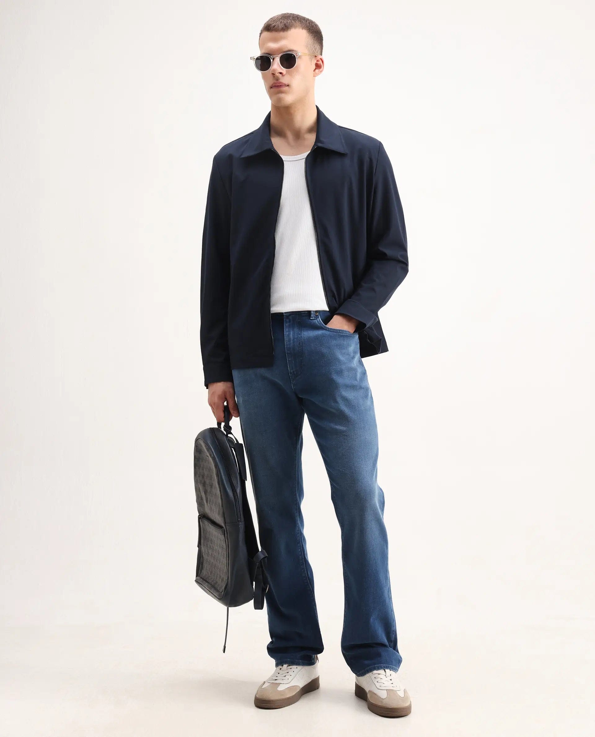 RARE Rabbit Men's Juan - 25 Dark Navy Polyester Blend Plain Regular Fit Full Sleeve Collared Jacket