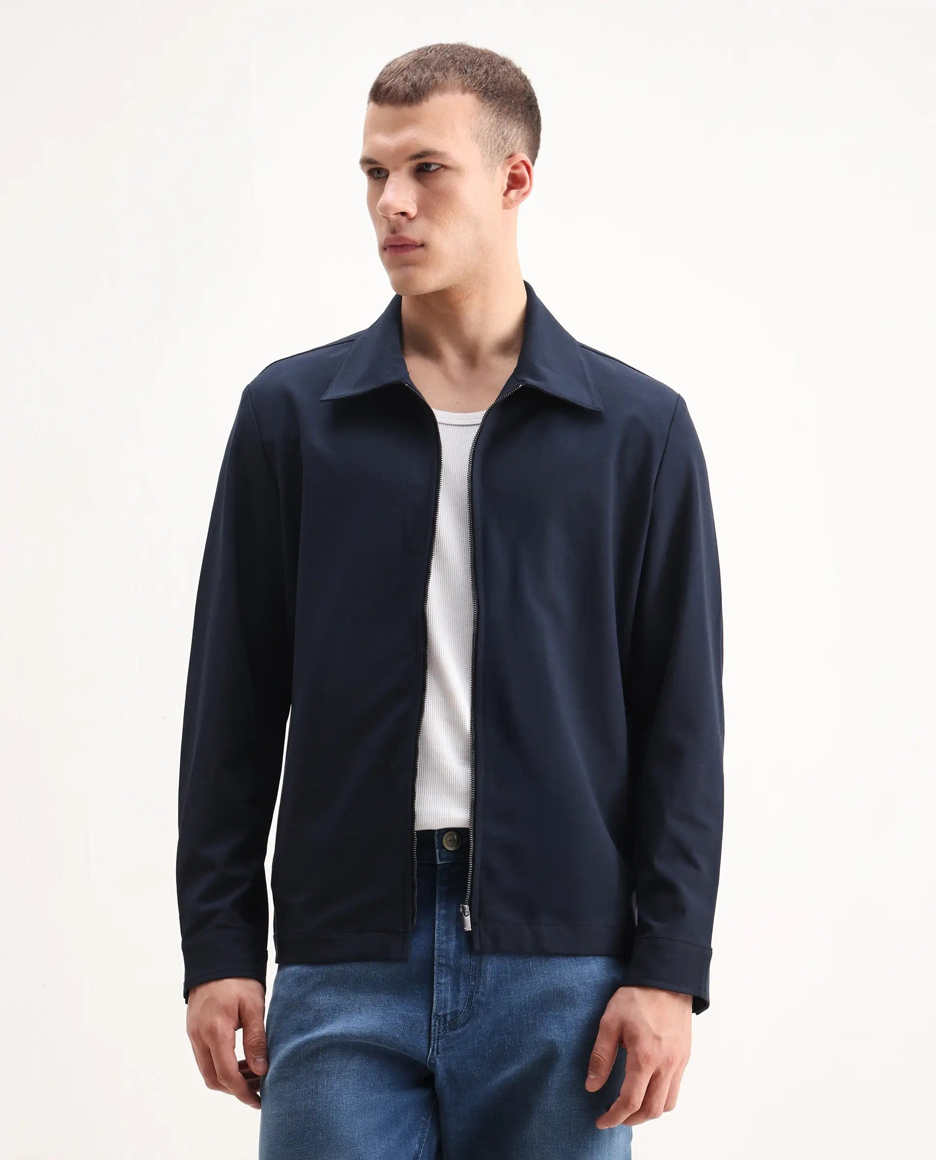 RARE Rabbit Men's Juan - 25 Dark Navy Polyester Blend Plain Regular Fit Full Sleeve Collared Jacket