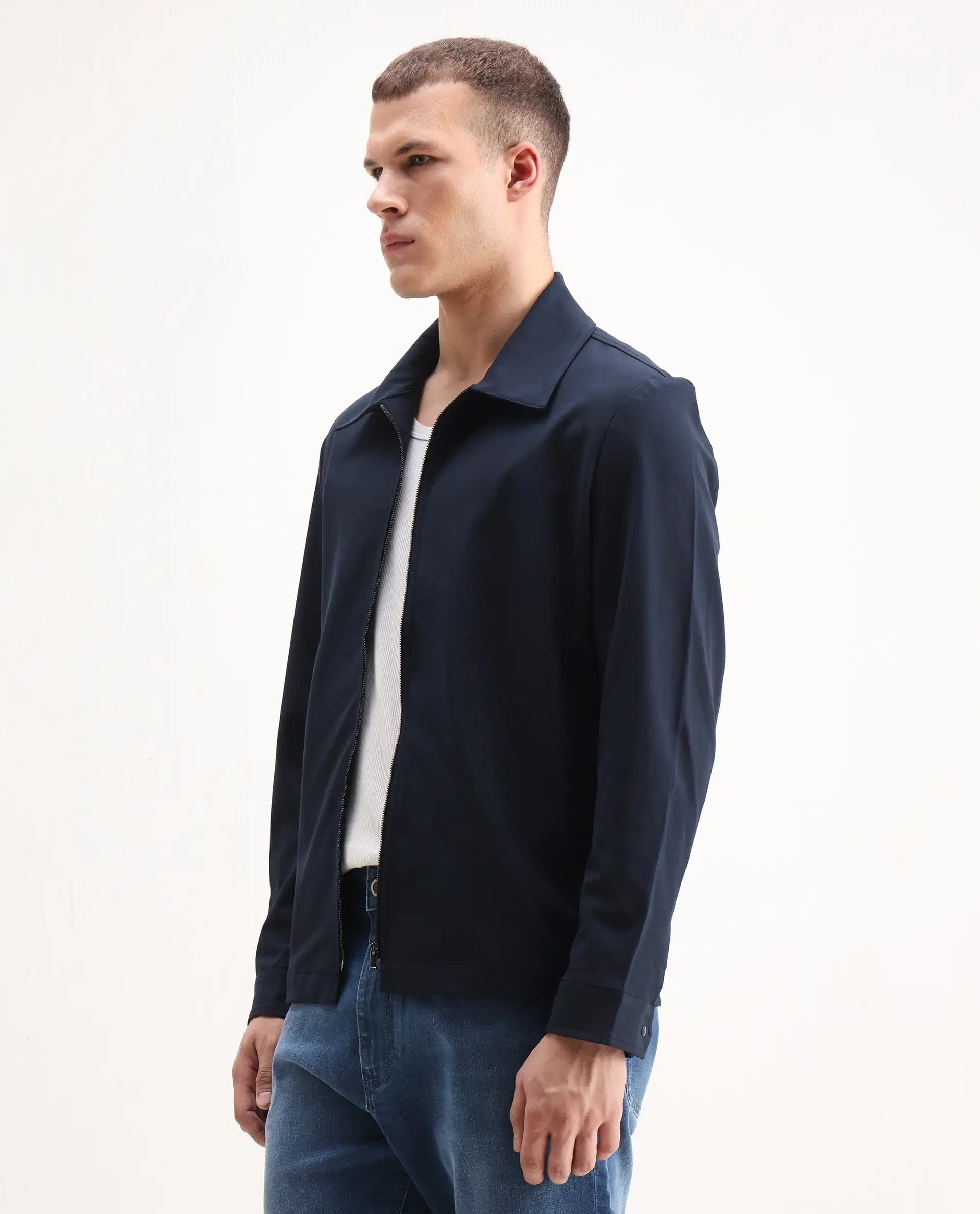 RARE Rabbit Men's Juan - 25 Dark Navy Polyester Blend Plain Regular Fit Full Sleeve Collared Jacket