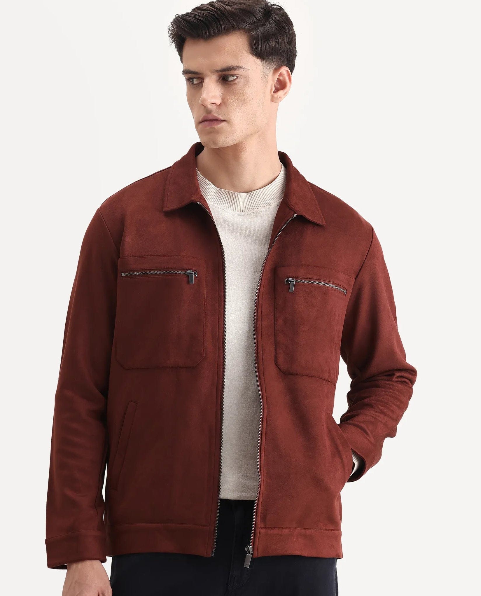 RARE Rabbit Men's Bax - 25 Rust Polyester Blend Plain Relaxed Fit Full Sleeve Spread Collar Jacket