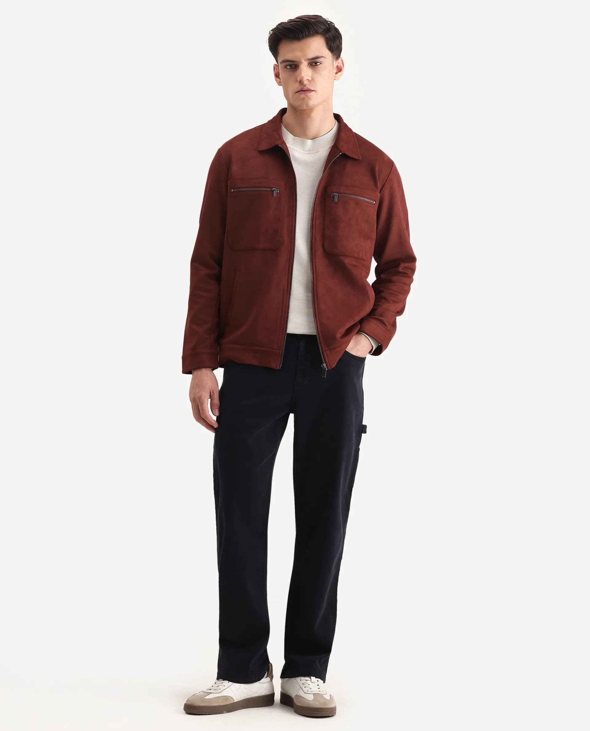 RARE Rabbit Men's Bax - 25 Rust Polyester Blend Plain Relaxed Fit Full Sleeve Spread Collar Jacket