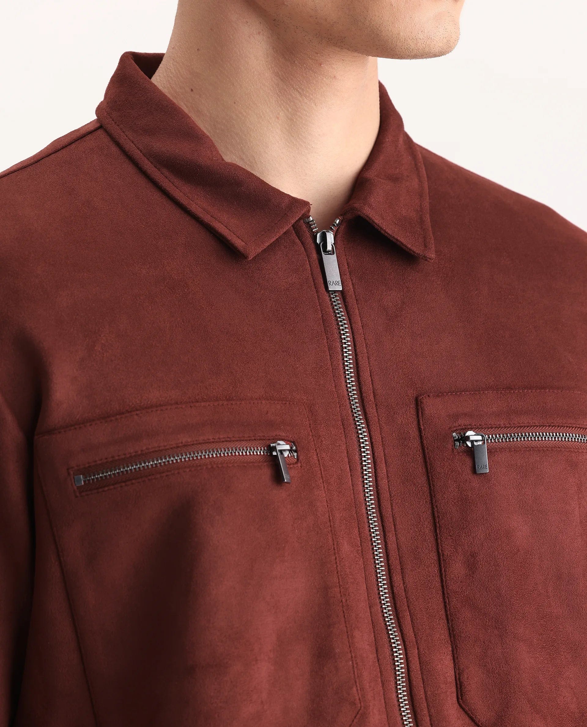 RARE Rabbit Men's Bax - 25 Rust Polyester Blend Plain Relaxed Fit Full Sleeve Spread Collar Jacket