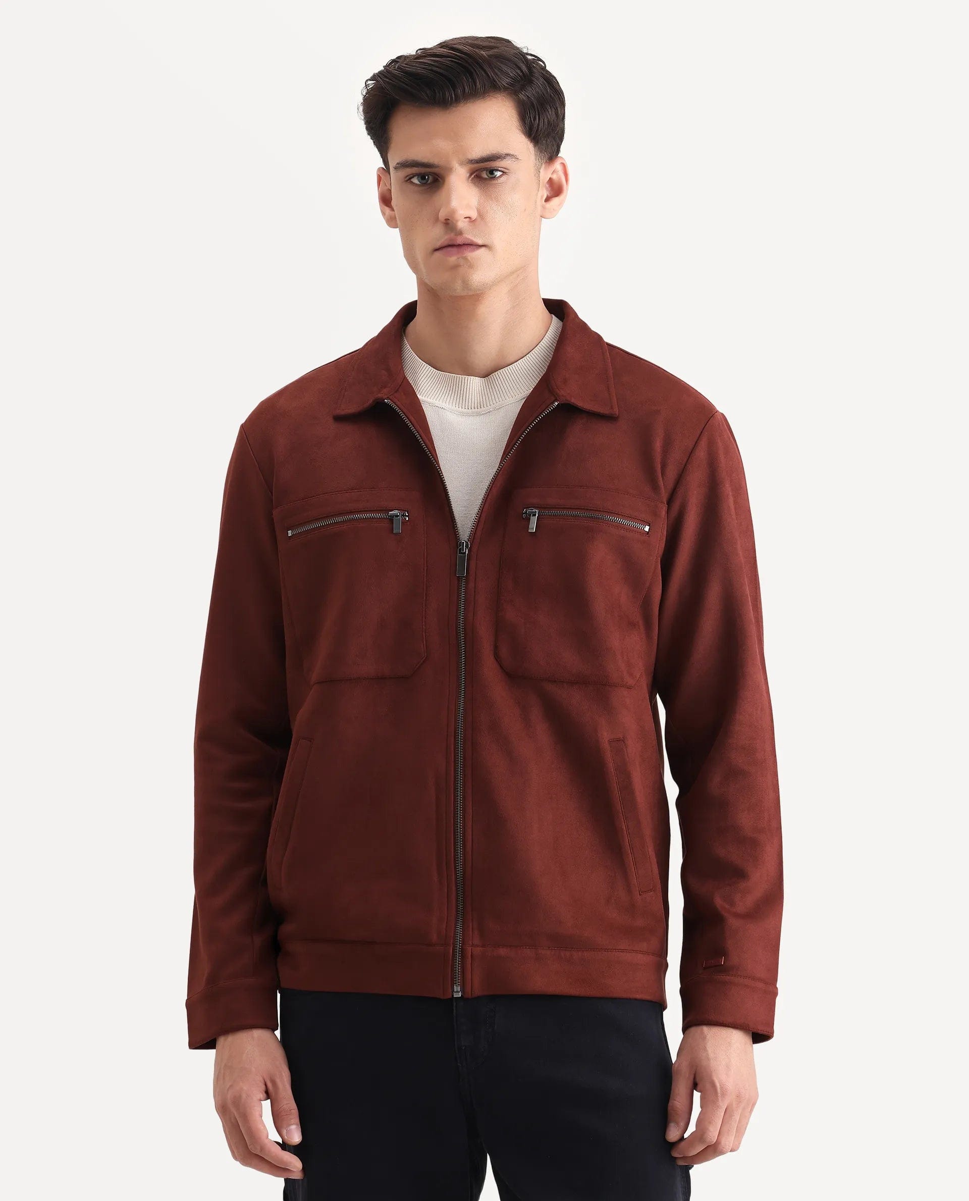 RARE Rabbit Men's Bax - 25 Rust Polyester Blend Plain Relaxed Fit Full Sleeve Spread Collar Jacket