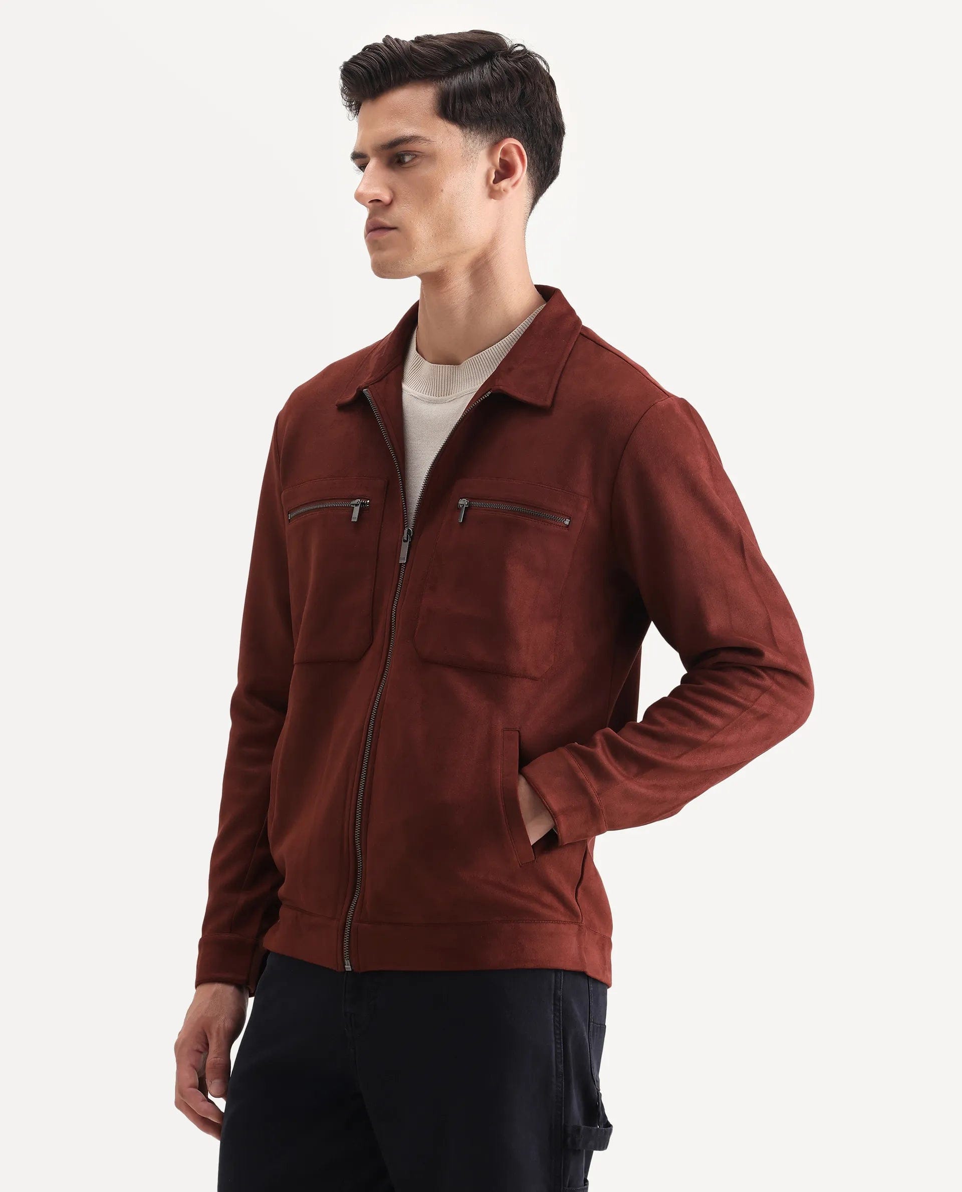 RARE Rabbit Men's Bax - 25 Rust Polyester Blend Plain Relaxed Fit Full Sleeve Spread Collar Jacket