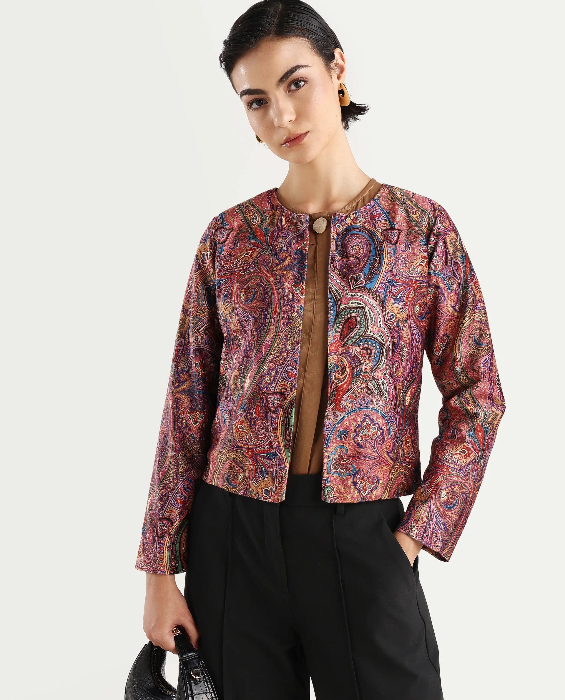 Rareism Women's Sedfer Multi Polyester Blend Collarless Paisley Print Regular Fit Jacket