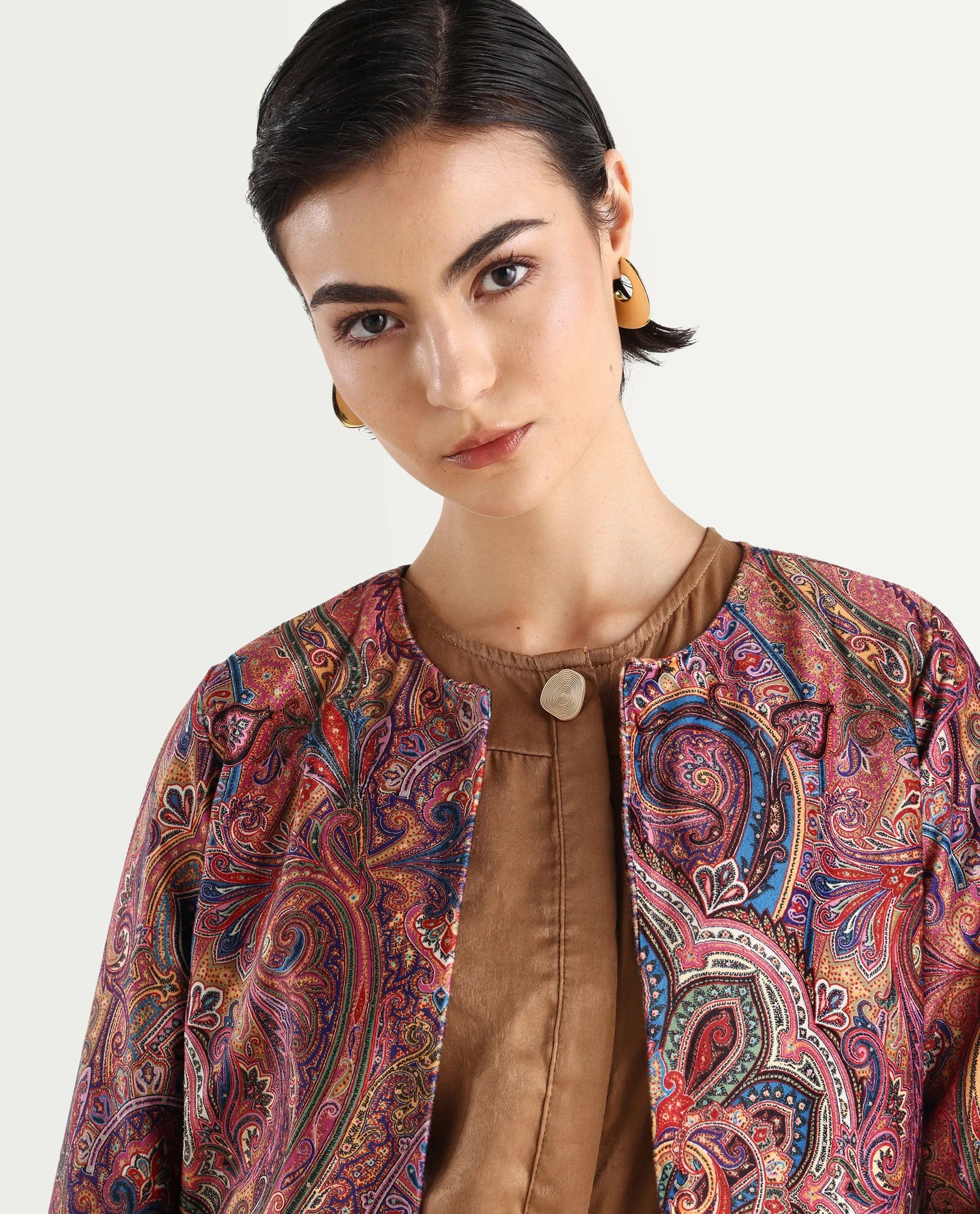 Rareism Women's Sedfer Multi Polyester Blend Collarless Paisley Print Regular Fit Jacket