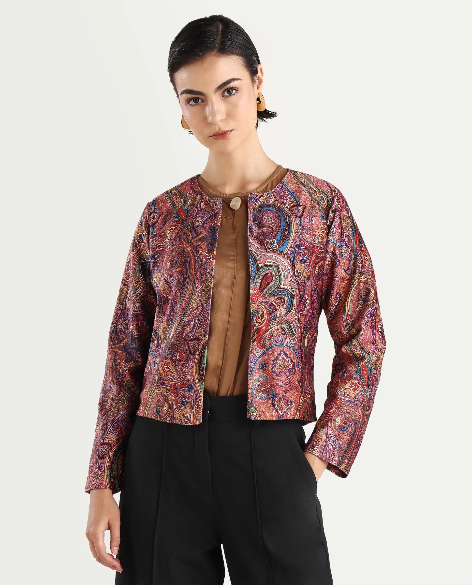Rareism Women's Sedfer Multi Polyester Blend Collarless Paisley Print Regular Fit Jacket