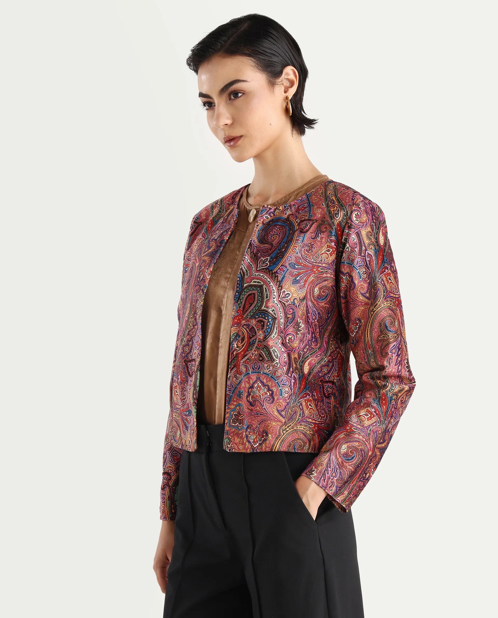 Rareism Women's Sedfer Multi Polyester Blend Collarless Paisley Print Regular Fit Jacket