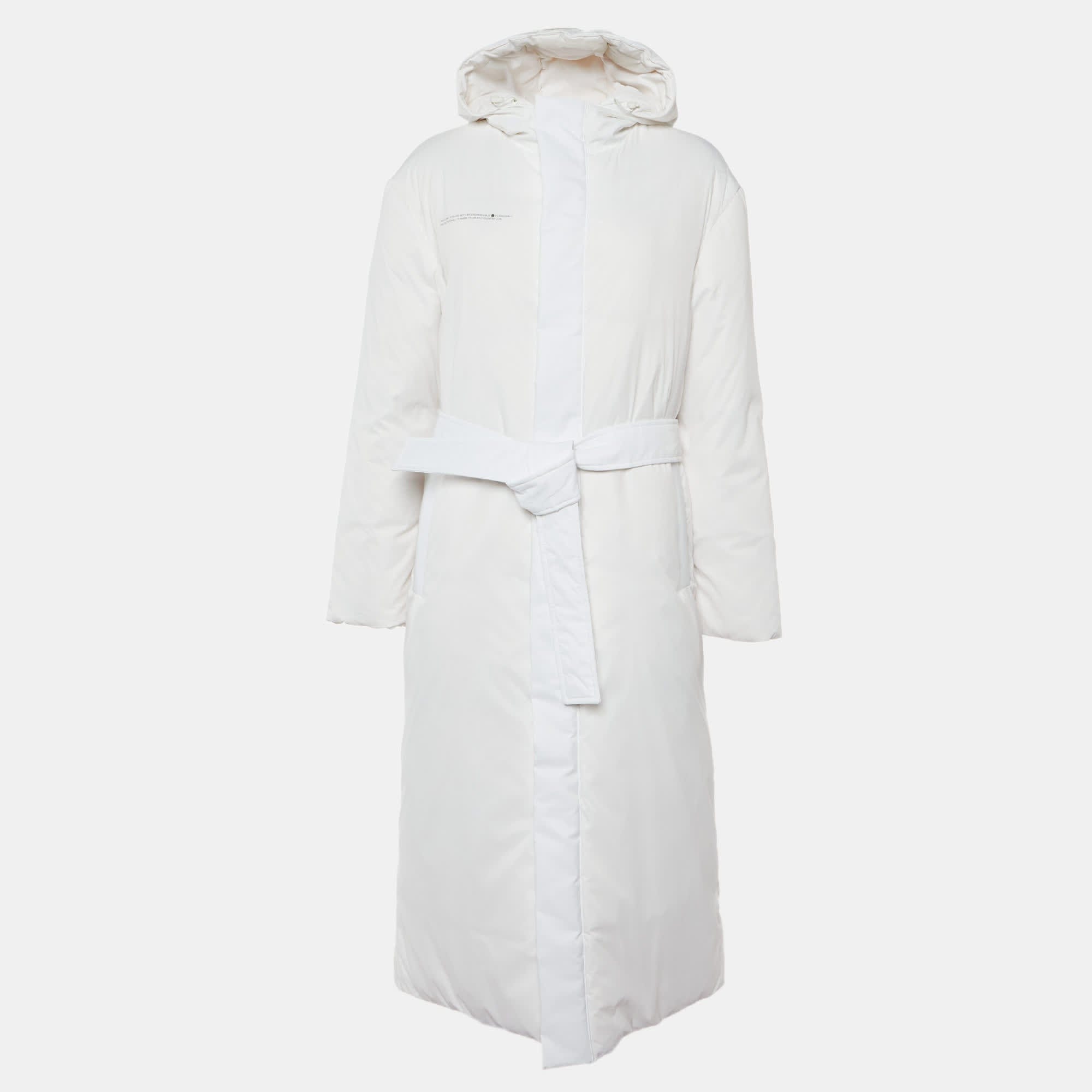 White Nylon Flwrdwn Hooded Long Jacket