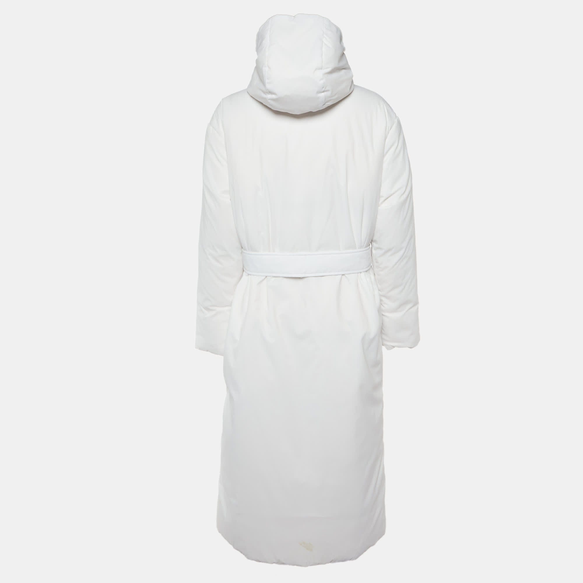 White Nylon Flwrdwn Hooded Long Jacket